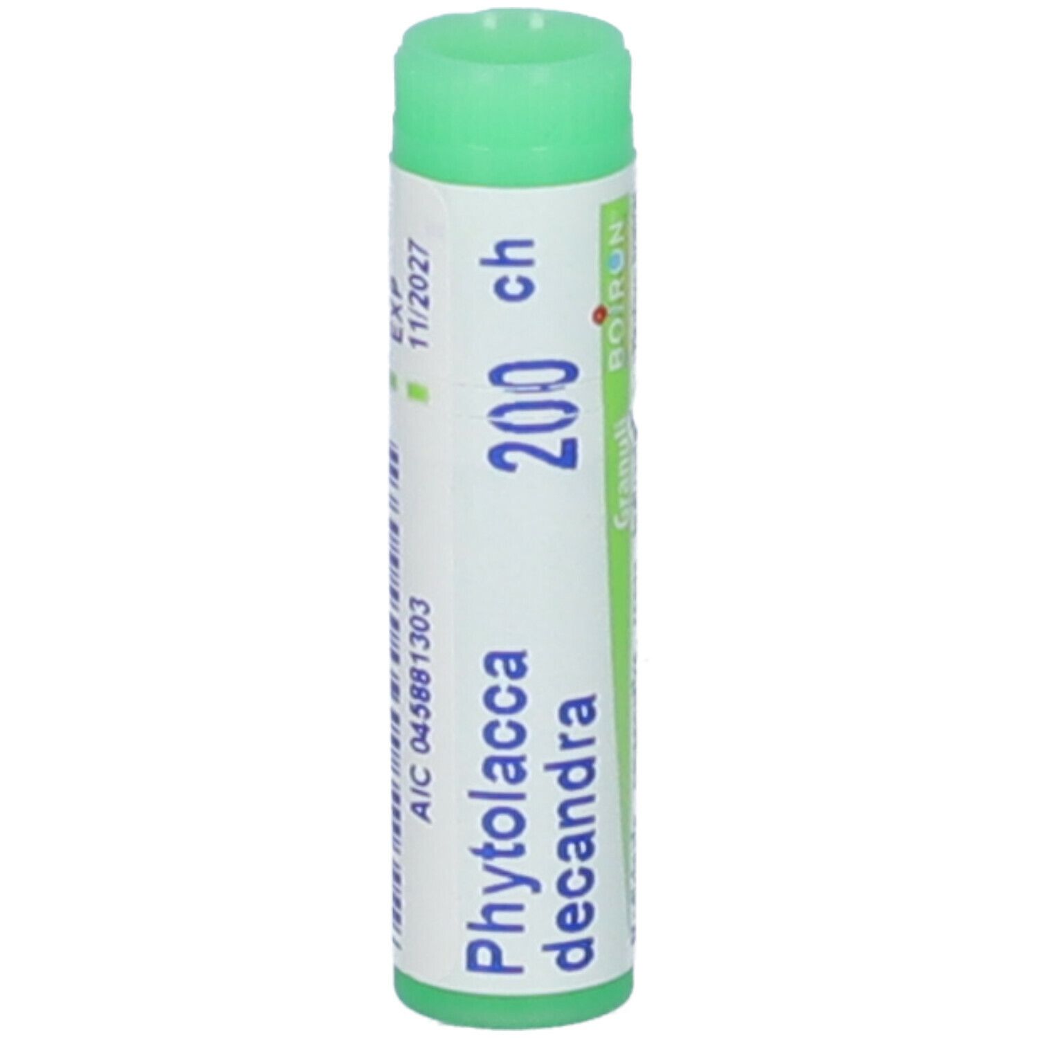 Confezione cilindrica verde. Scritta: Phytolacca decandra, 200 ch, Boiron. Stampato: 11/2027.