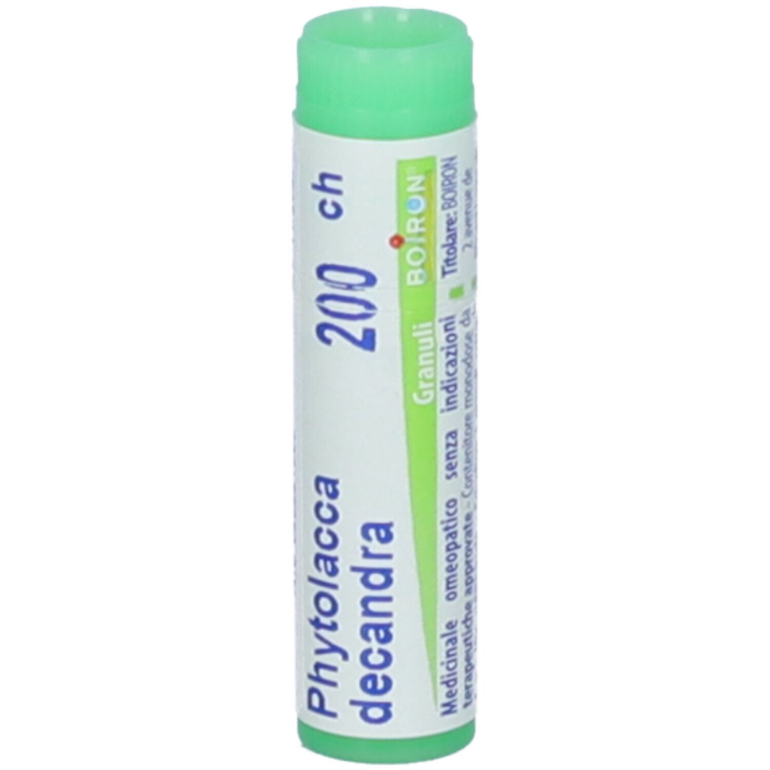 Confezione cilindrica verde. Scritta: Phytolacca decandra, 200 ch, Granuli, Boiron.