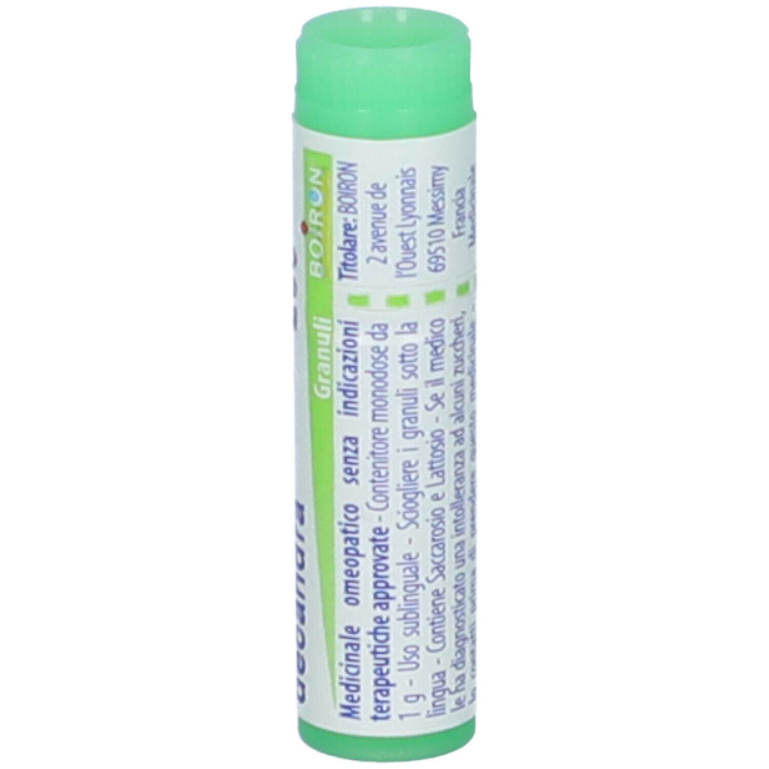 Confezione cilindrica verde. Scritta: Phytolacca decandra, 200 ch, Granuli, Boiron.