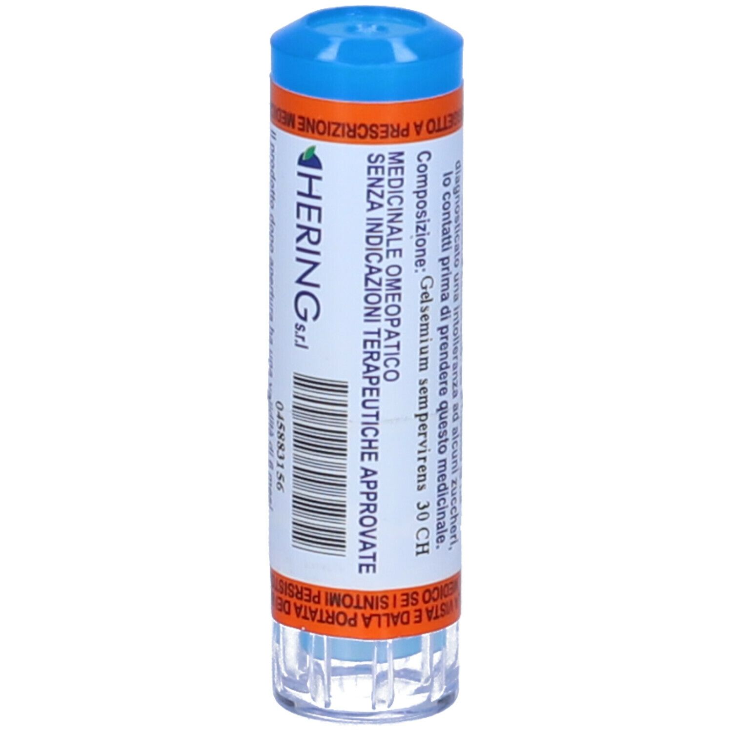 Confezione cilindrica blu e bianca. Logo Hering. Testo. Strisce arancioni. Medicinale.