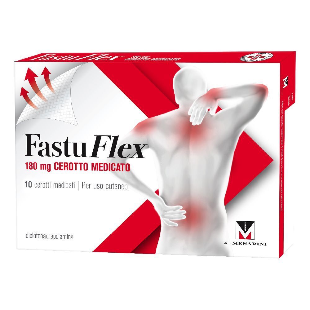 Confezione di FastuFlex 180 mg cerotto medicato. Scatola rossa e bianca con nome del prodotto e figura di corpo con punti di dolore.