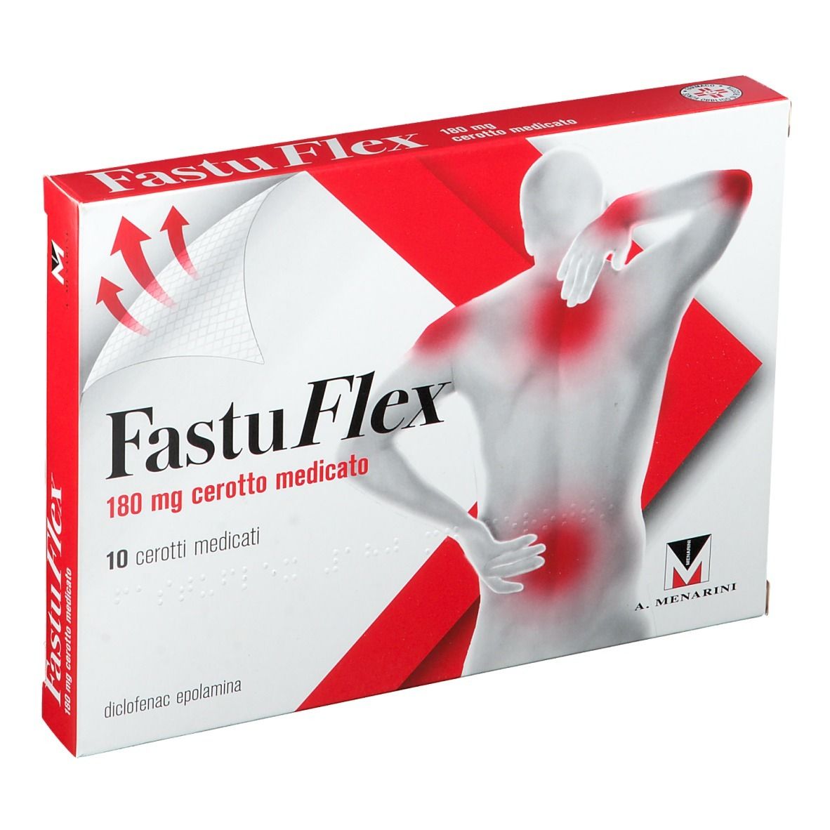 FastuFlex 180 mg cerotto medicato. Scatola, colori rosso e bianco, nome del prodotto e figura di corpo con punti di dolore.