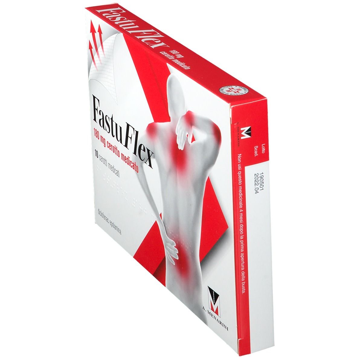 FastuFlex 180 mg cerotto medicato. Scatola, colori rosso e bianco, nome del prodotto e figura di corpo con punti di dolore.