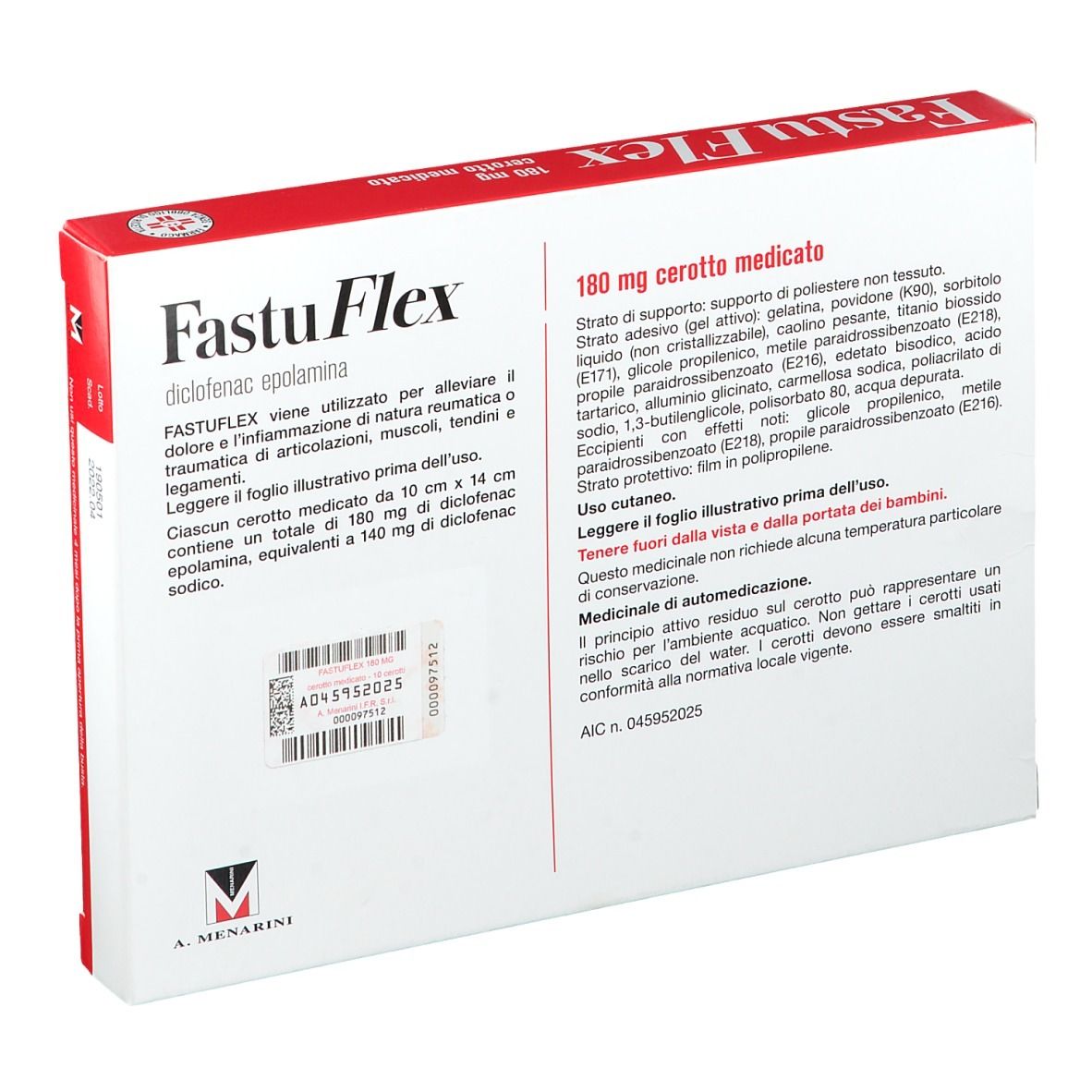 Retro della confezione FastuFlex 180 mg cerotto medicato. Testo in italiano, ingredienti e informazioni del produttore.