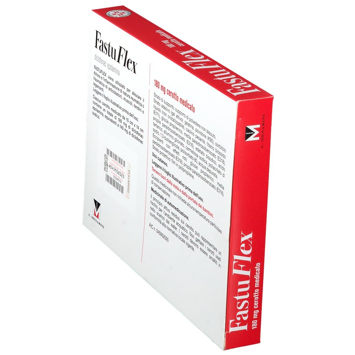 FastuFlex 180 mg cerotto medicato. Scatola, colori rosso e bianco, nome del prodotto e figura di corpo con punti di dolore.