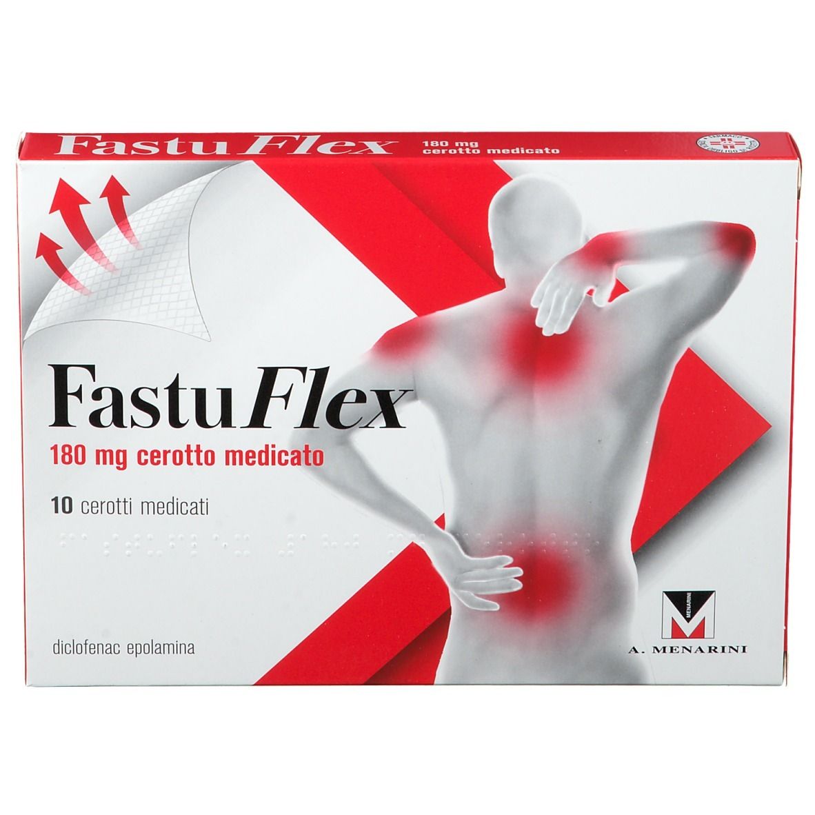 FastuFlex 180 mg cerotto medicato. Scatola, colori rosso e bianco, nome del prodotto e figura di corpo con punti di dolore.