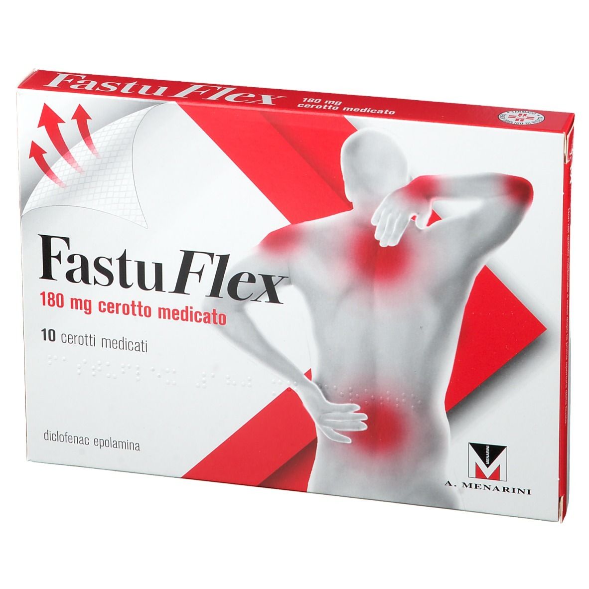 Confezione di FastuFlex 180 mg cerotto medicato. Scatola rossa e bianca con nome del prodotto e figura di corpo con punti di dolore.