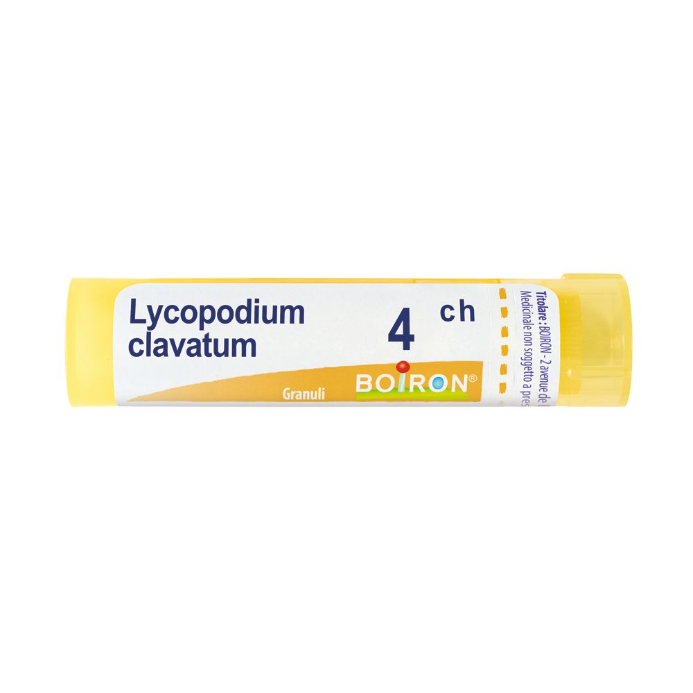 Tubo giallo con etichetta bianca. Scritto: Lycopodium clavatum, 4 ch, Boiron. Granuli.