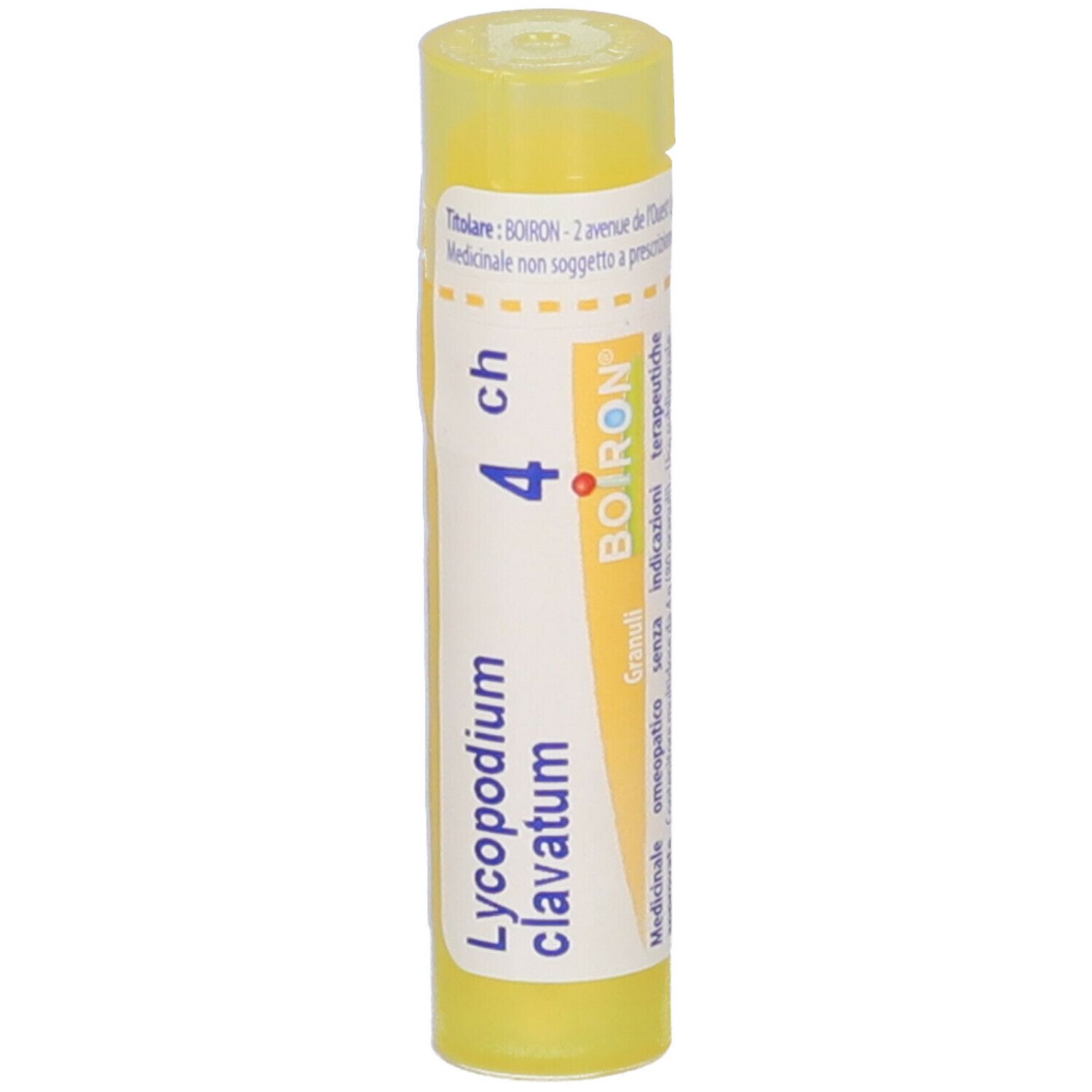 Tubo giallo con etichetta bianca. Scritto: Lycopodium clavatum, 4 ch, Boiron. Vista verticale.
