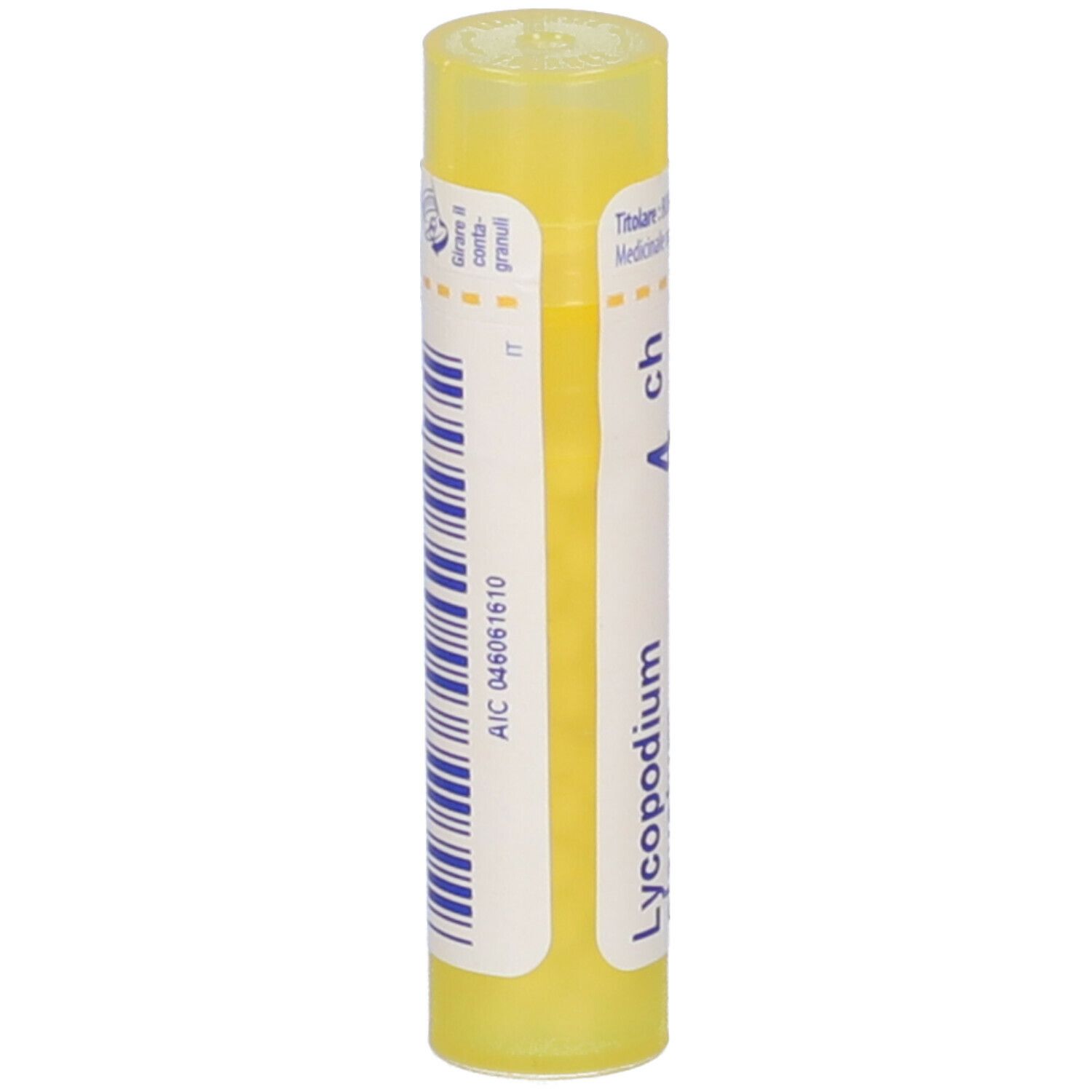 Tubo giallo con etichetta bianca e codice a barre. Scritto: Lycopodium, 4 ch. Codice AIC.