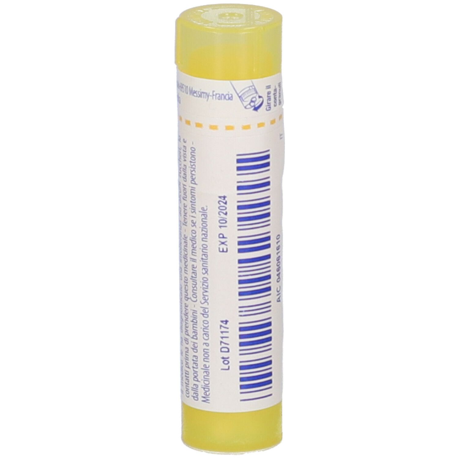 Tubo giallo con etichetta bianca. Scritto: EXP 10/2024, Lotto 071174. Testo in italiano.