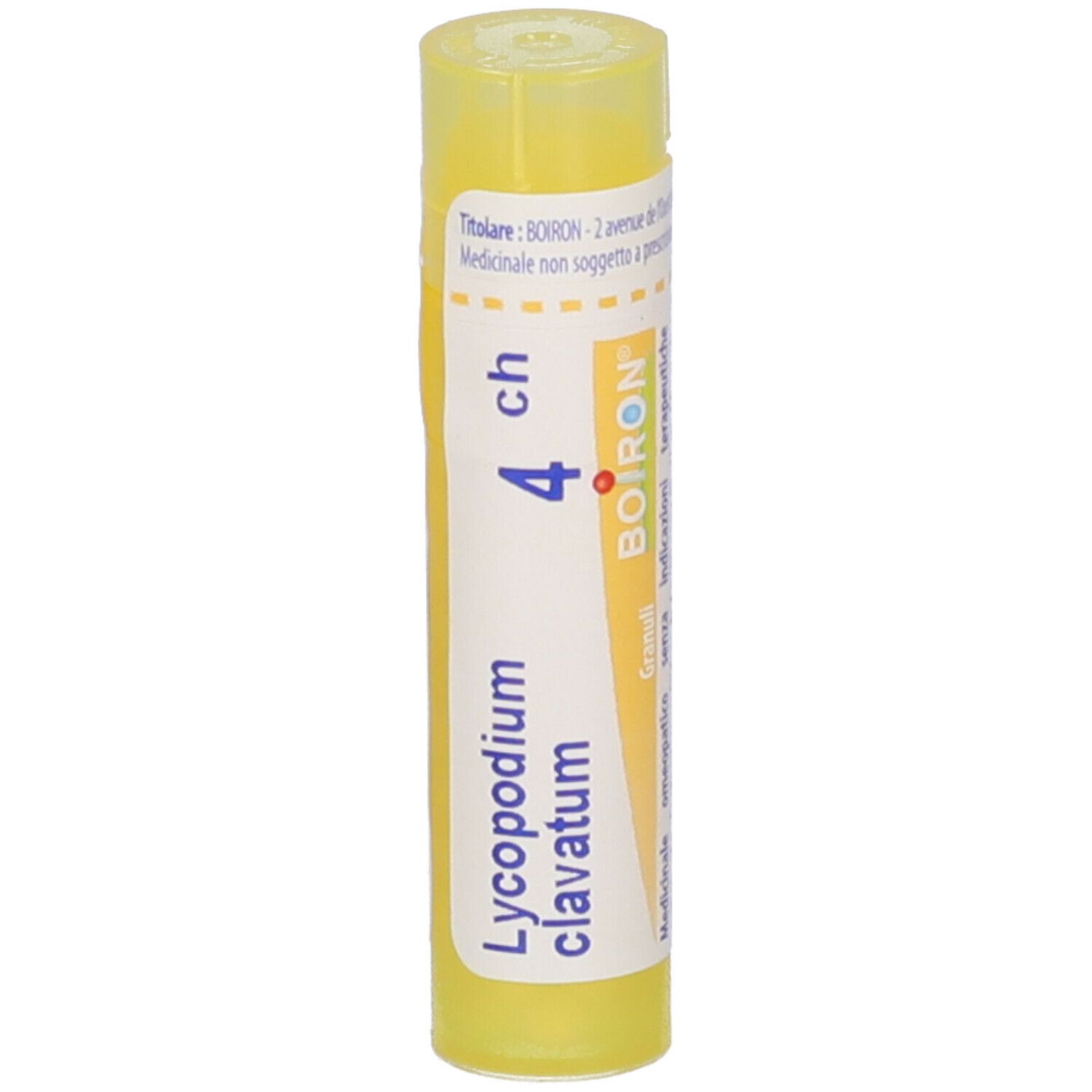 Tubo giallo con etichetta bianca. Scritto: Lycopodium clavatum, 4 ch, Boiron. Vista verticale.