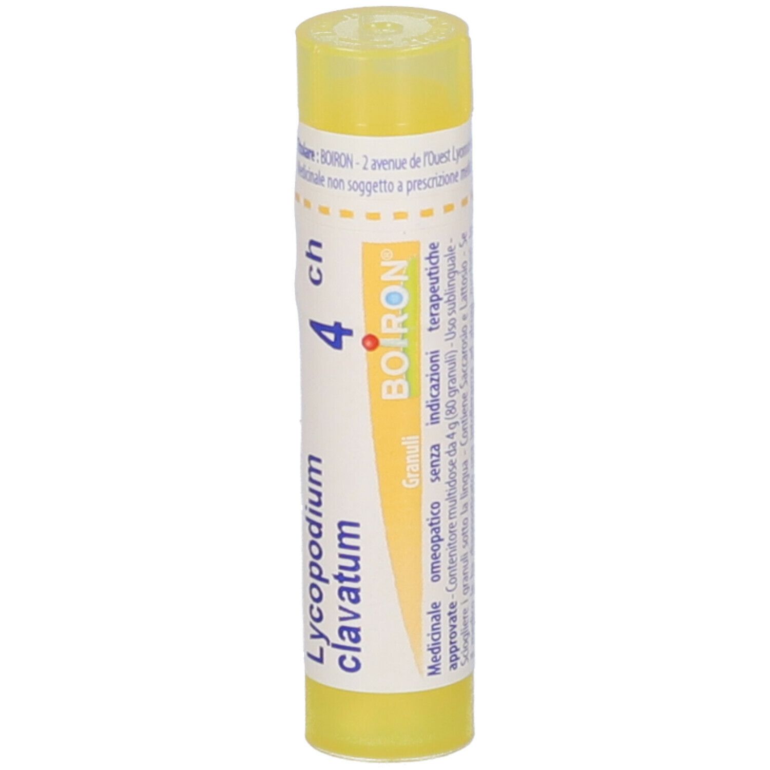 Tubo giallo con etichetta bianca. Scritto: Lycopodium clavatum, 4 ch, Boiron. Granuli, omeop.