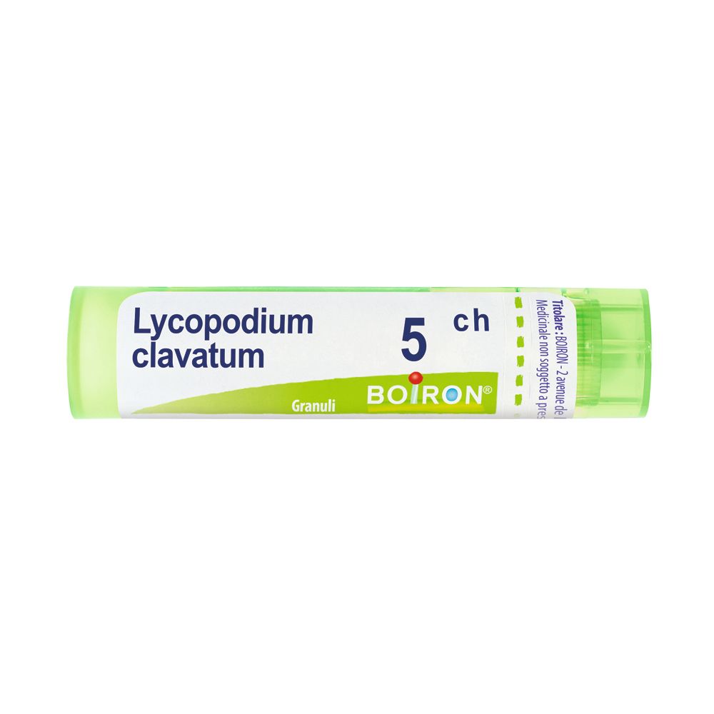Tubetto verde con etichetta bianca. Scritta: Lycopodium clavatum 5 ch, BOIRON. Granuli.