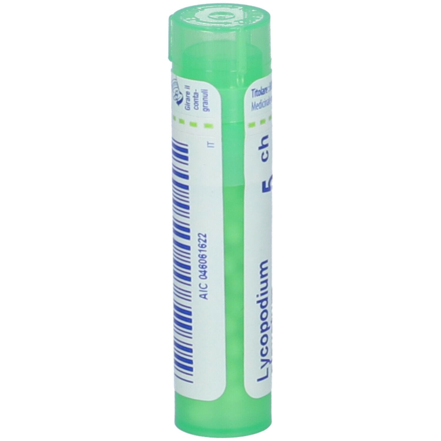 Tubetto verde con etichetta bianca. Scritta: Lycopodium clavatum 5 ch. Codice AIC e codice a barre.