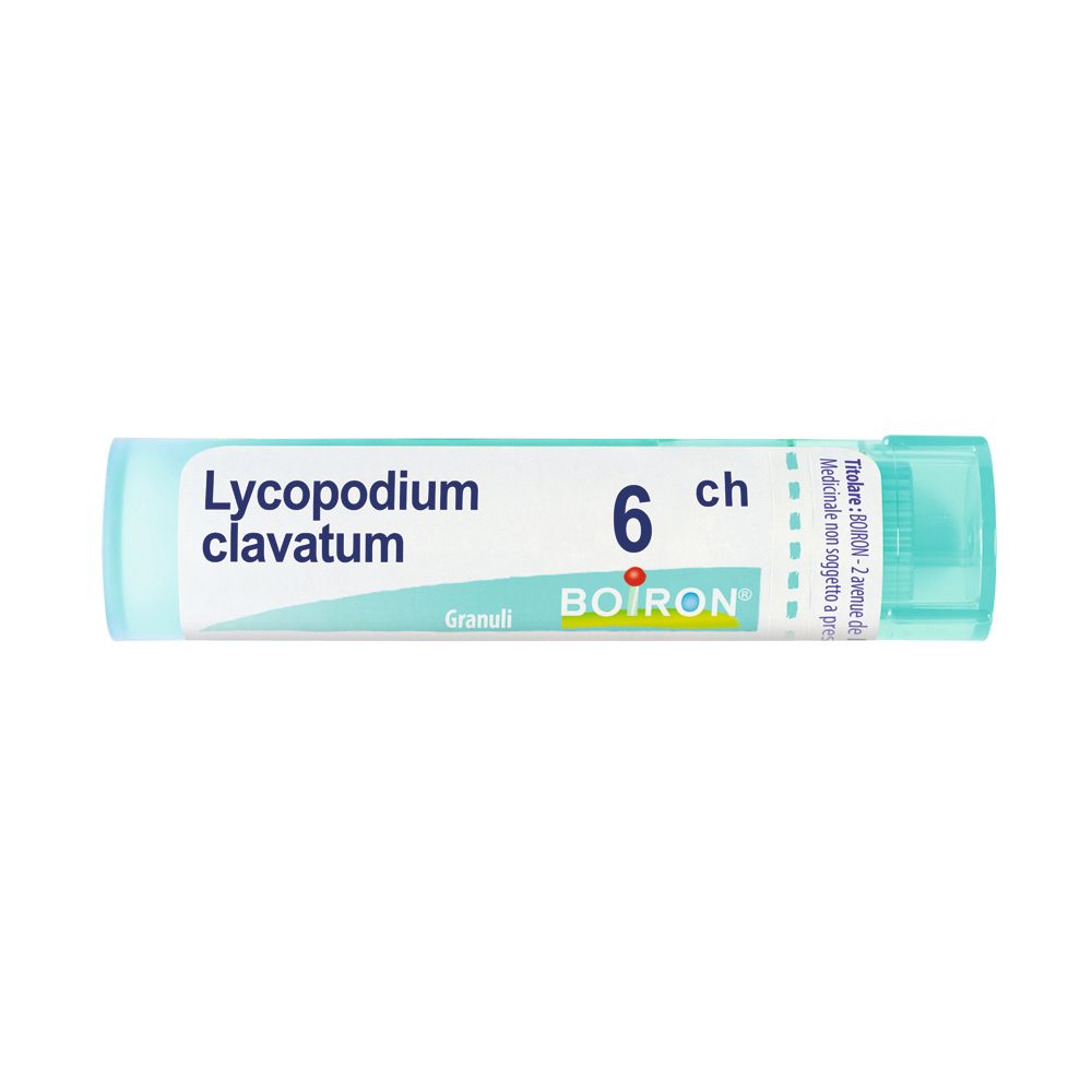 Confezione cilindrica con tappo blu. Scritta: Lycopodium clavatum, 6 ch, BOIRON. Granuli.