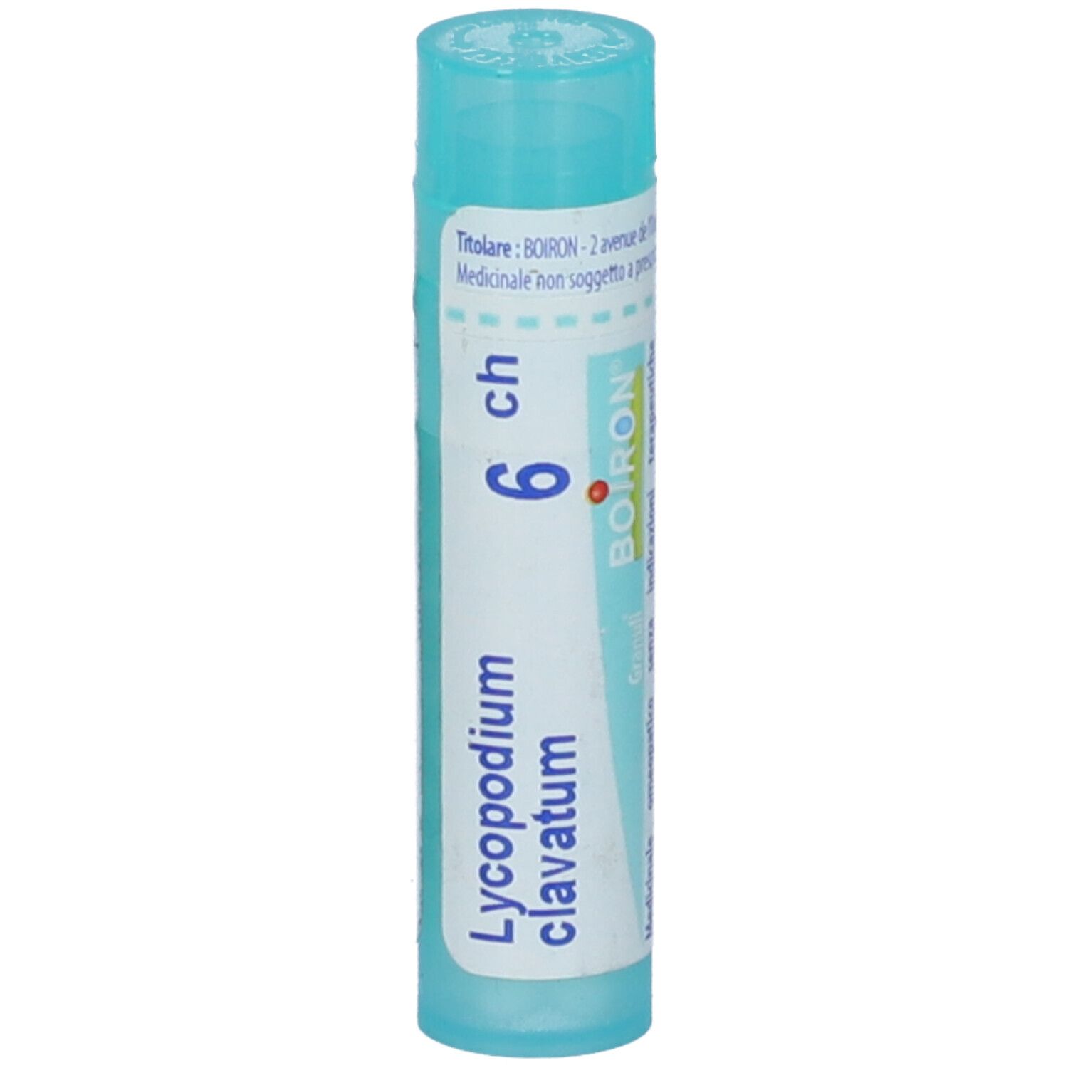 Confezione cilindrica blu. Scritta: Lycopodium clavatum, 6 ch, BOIRON. Con punto rosso.
