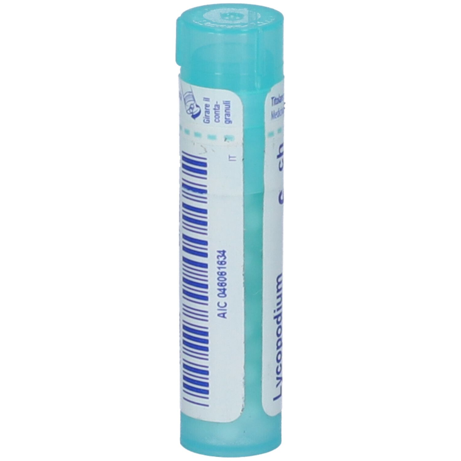 Confezione cilindrica blu. Scritta: Lycopodium clavatum, 6 ch. Con etichetta bianca e strisce blu.