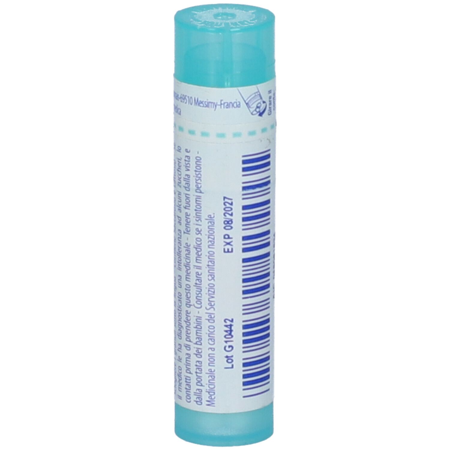 Confezione cilindrica blu. Scritta: EXP 08/2027. Lot G 10442. Con testo e codice a barre.