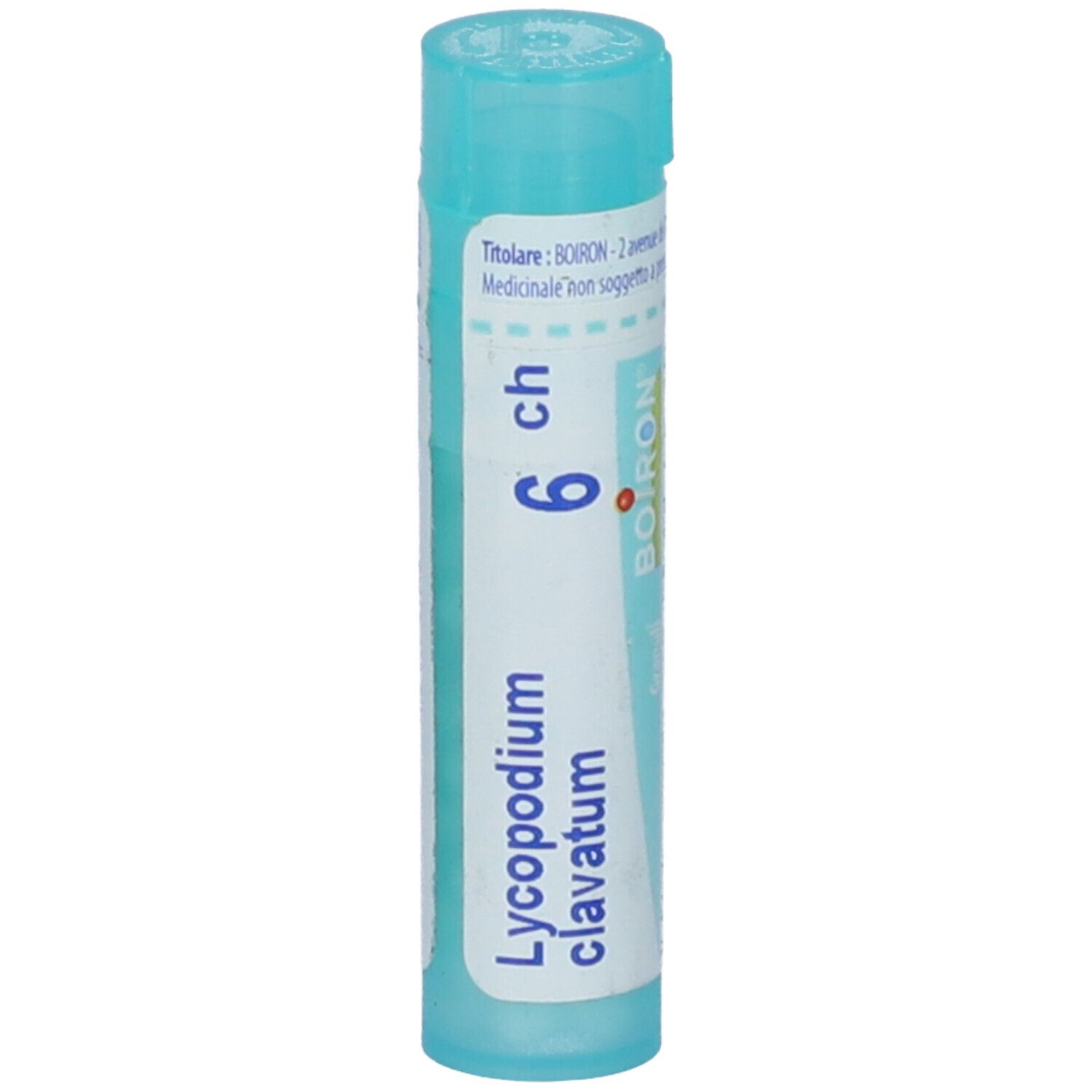 Confezione cilindrica blu. Scritta: Lycopodium clavatum, 6 ch, BOIRON. Con punto rosso.