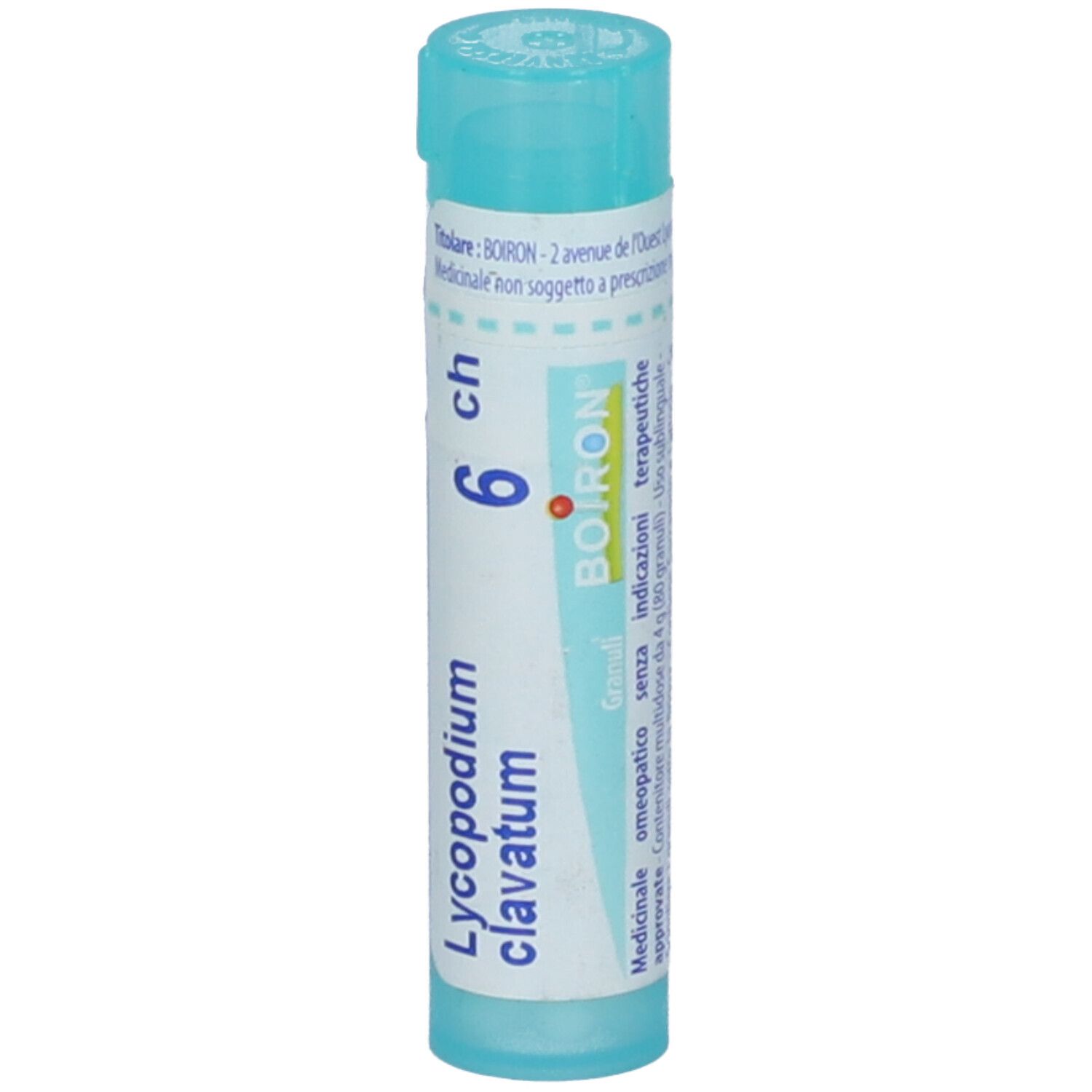 Confezione cilindrica blu. Scritta: Lycopodium clavatum, 6 ch, BOIRON. Con punto rosso.