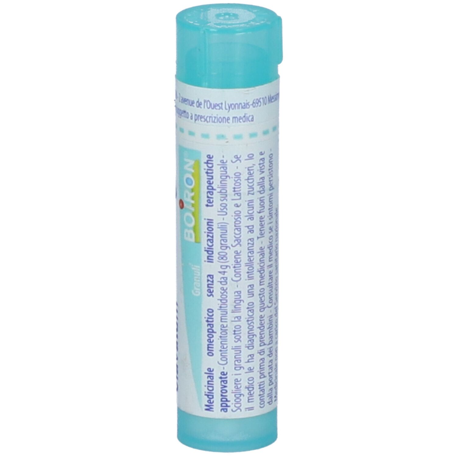 Confezione cilindrica blu. Scritta: BOIRON. Granuli. Indicazioni terapeutiche.