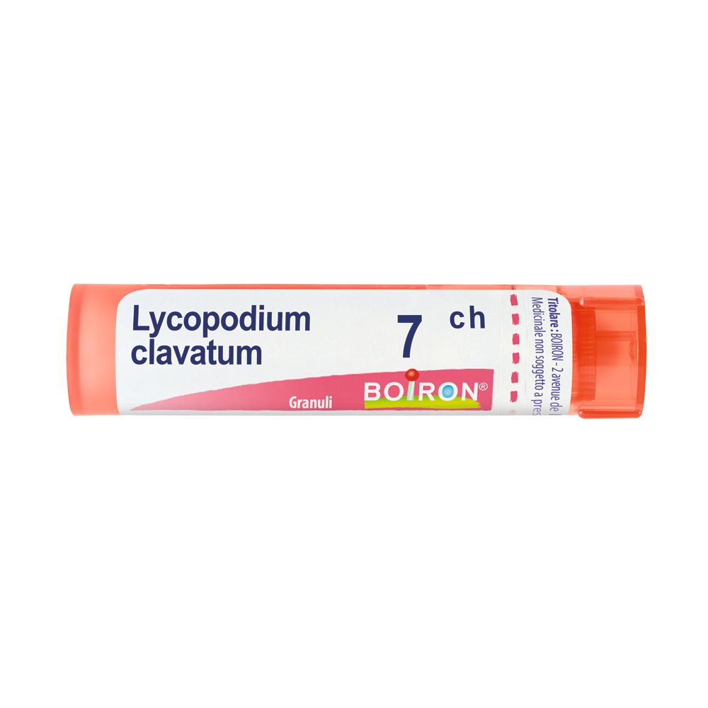 Flacone cilindrico di granuli. Scritta: Lycopodium clavatum, 7 ch, BOIRON. Tappo arancione.