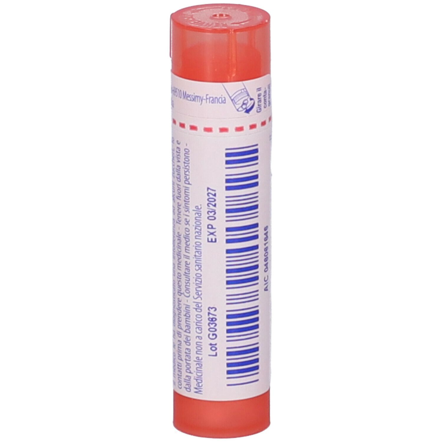 Flacone cilindrico di granuli. Scritta: EXP 03/2027. Tappo arancione. Codice a barre e numero di lotto.