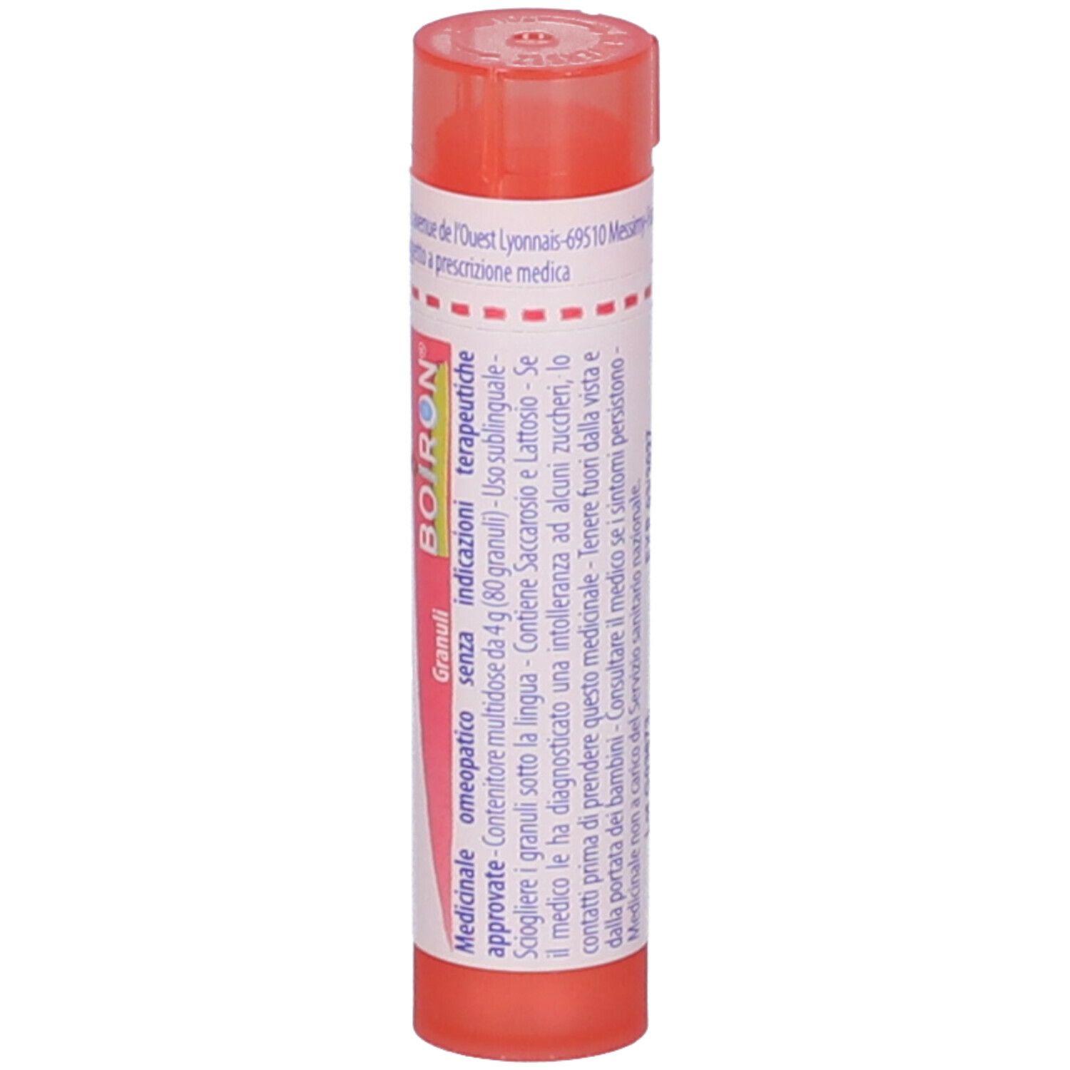 Flacone cilindrico di granuli. Scritta: BOIRON. Tappo arancione. Testo in italiano.