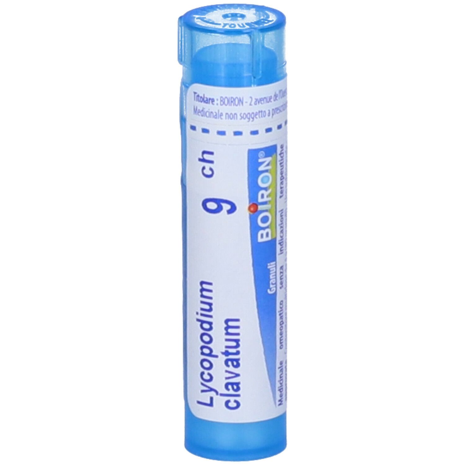 Confezione multidose cilindrica blu. Scritta: Lycopodium clavatum, 9 ch, BOIRON. Granuli.