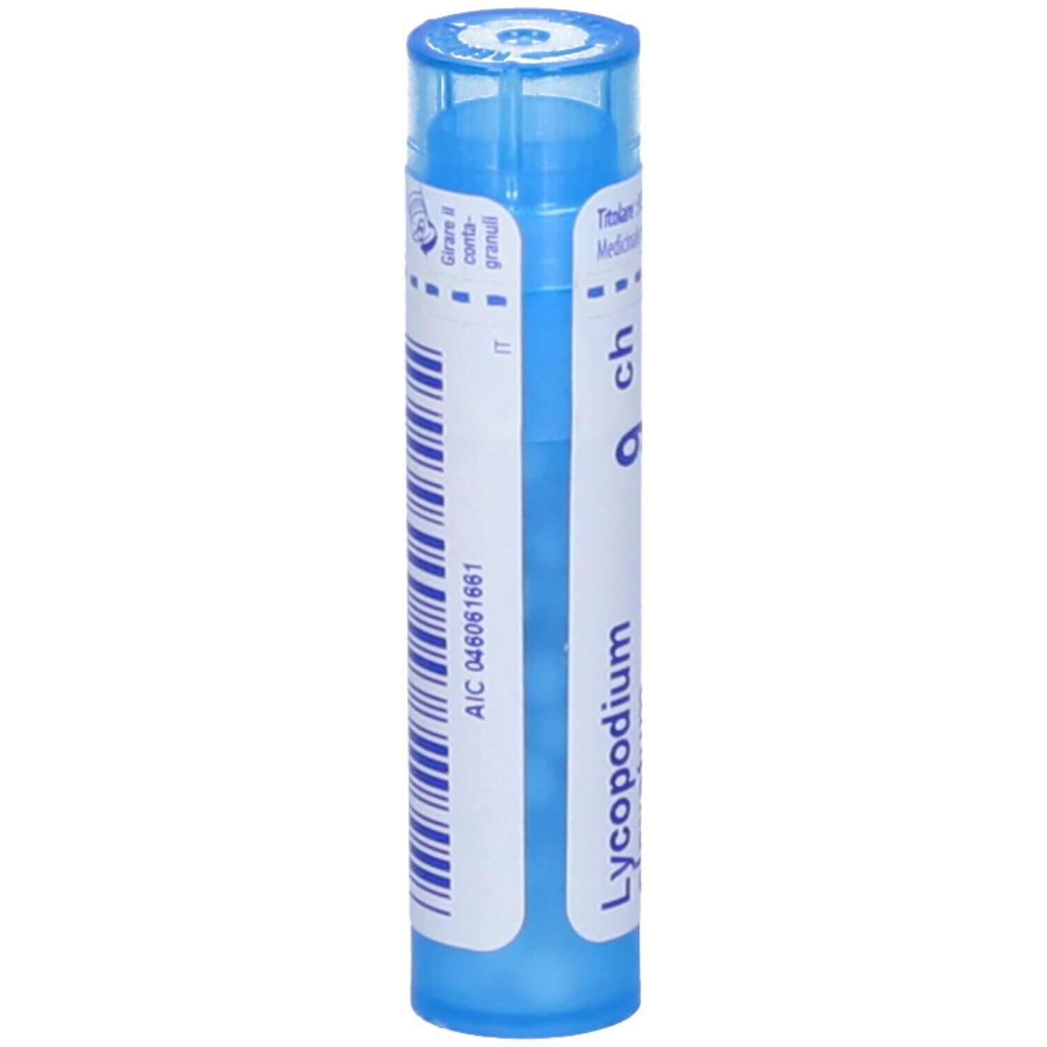 Confezione multidose cilindrica blu. Scritta: Lycopodium clavatum, 9 ch. Con codice a barre.