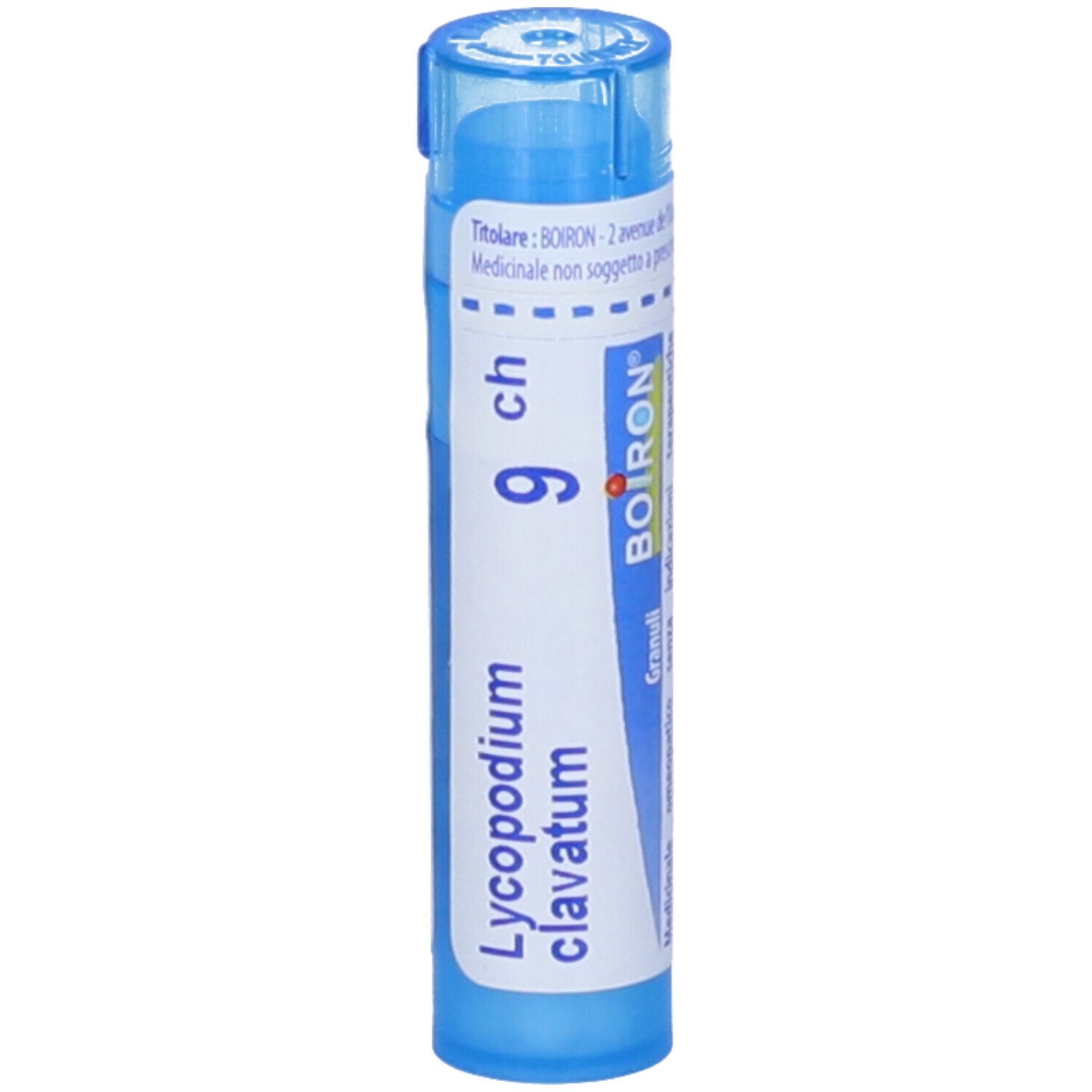 Confezione multidose cilindrica blu. Scritta: Lycopodium clavatum, 9 ch, BOIRON. Granuli.
