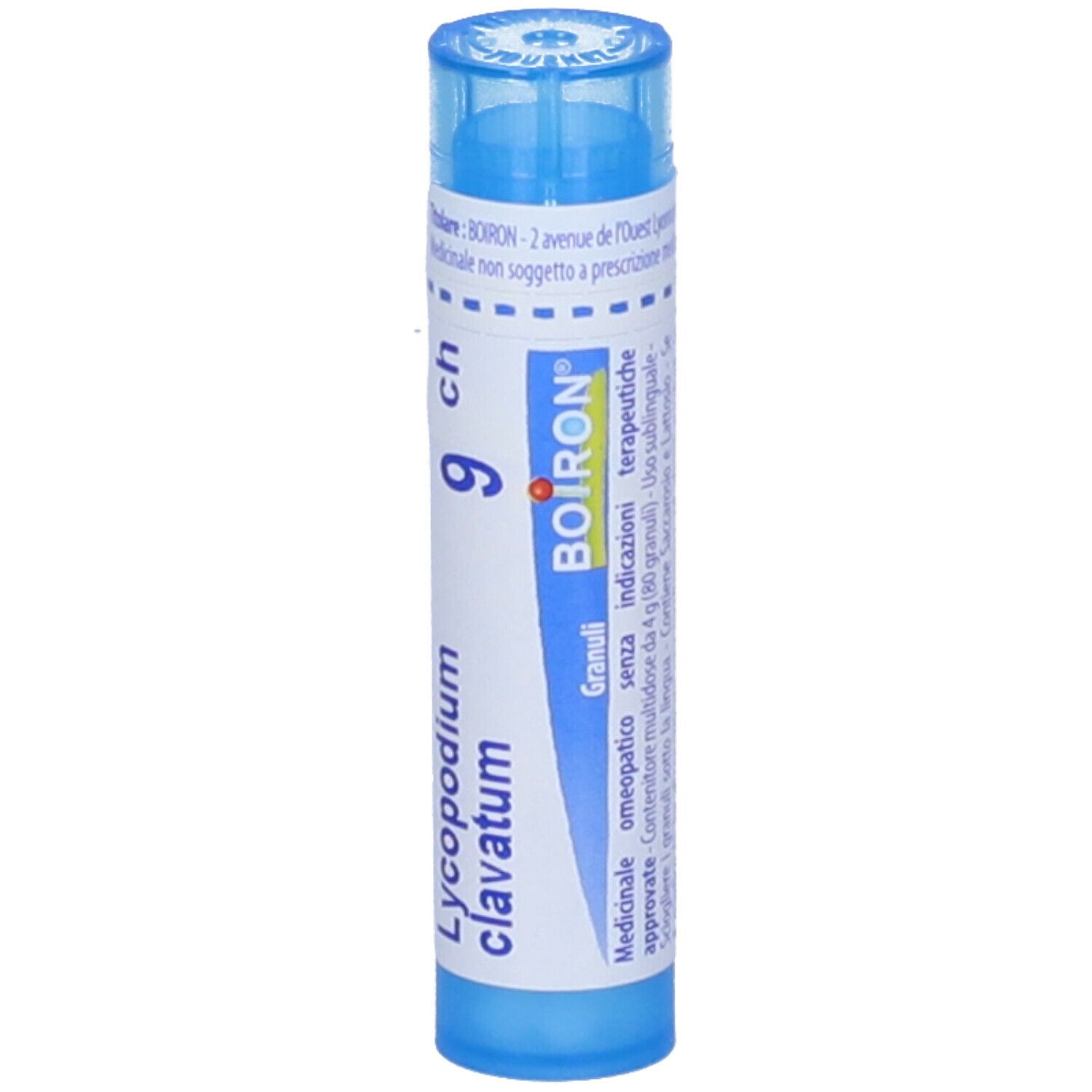 Confezione multidose cilindrica blu. Scritta: Lycopodium clavatum, 9 ch, BOIRON. Granuli.