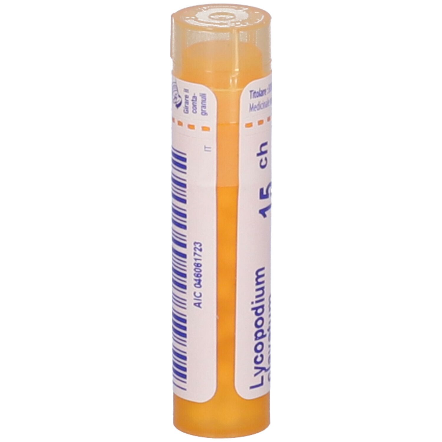Flacone cilindrico giallo. Scritta: Lycopodium clavatum 15 ch. Codice a barre e informazioni.