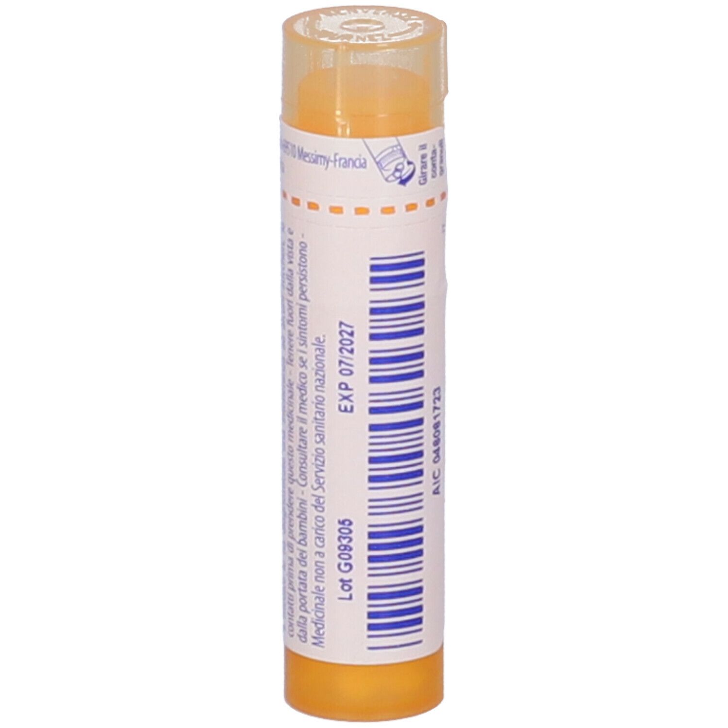 Flacone cilindrico giallo. Scritta: Lycopodium clavatum 15 ch. Scadenza e informazioni.