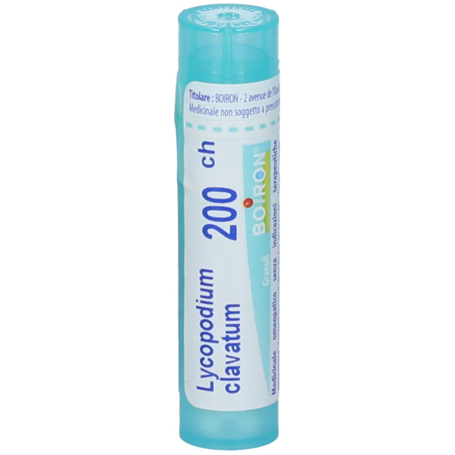 Confezione cilindrica blu. Scritte: Lycopodium clavatum, 200 ch, BOIRON. Con tappo blu.