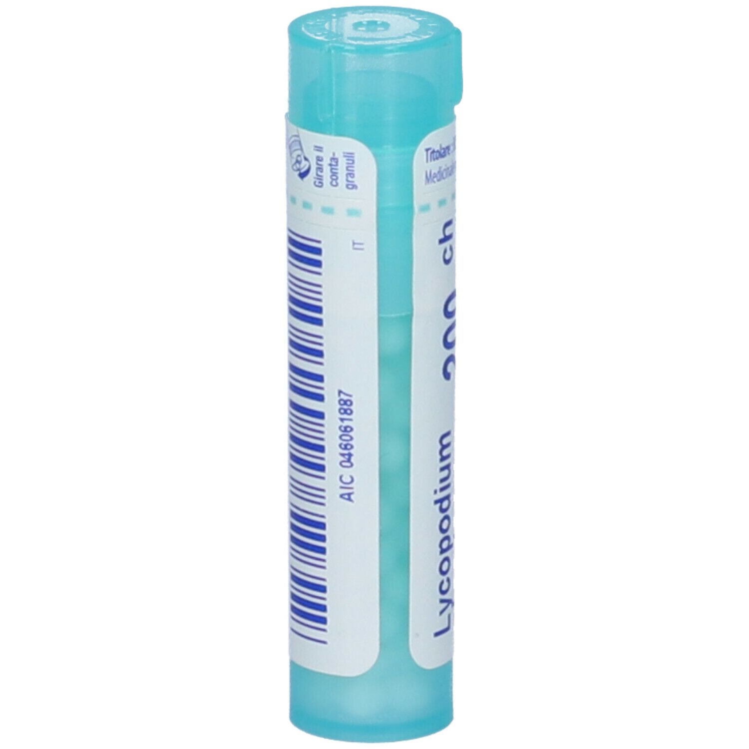 Confezione cilindrica blu con codice a barre e scritte: Lycopodium clavatum, 200 ch. Marchio BOIRON.