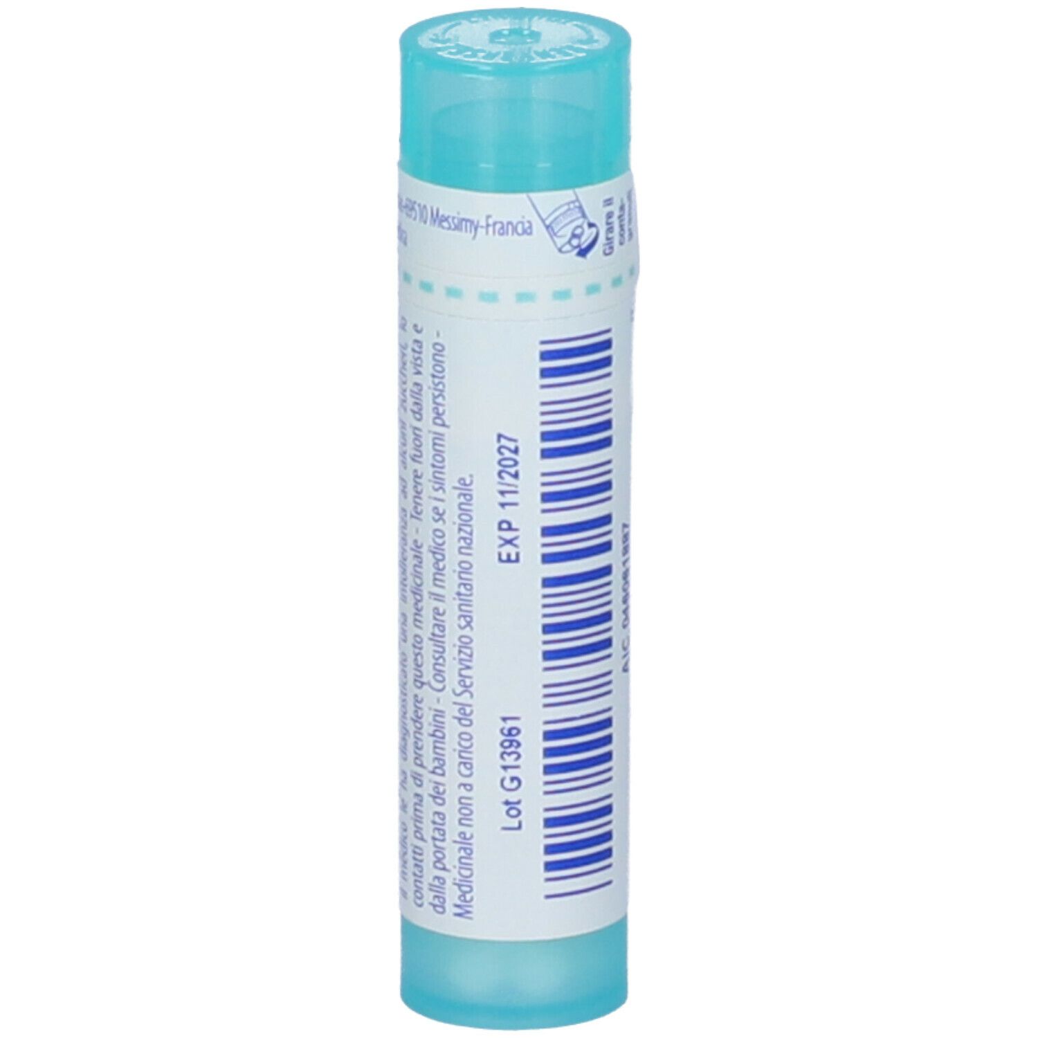 Confezione cilindrica blu. Scritte: Lycopodium clavatum, 200 ch. Con data di scadenza e numero di lotto.