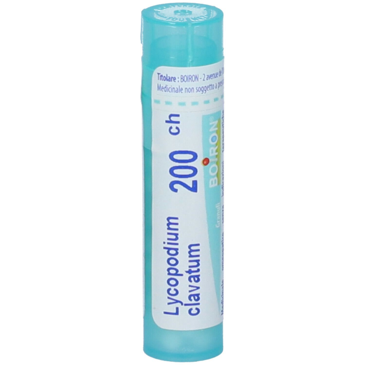 Confezione cilindrica blu. Scritte: Lycopodium clavatum, 200 ch, BOIRON, Granuli. Con tappo blu.