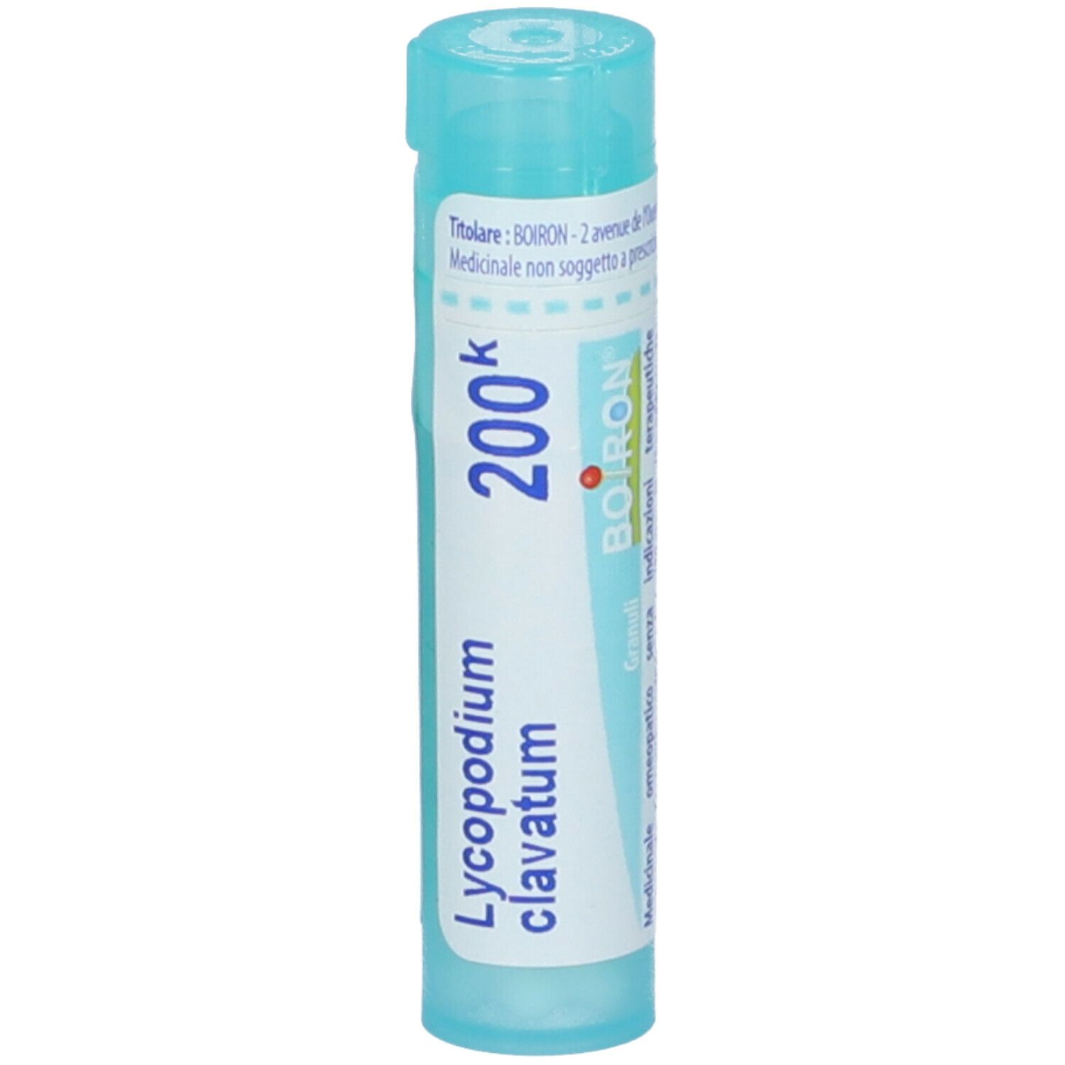 Confezione cilindrica blu e bianca. Scritta: Lycopodium clavatum 200k, Boiron. Granuli. Con tappo blu.