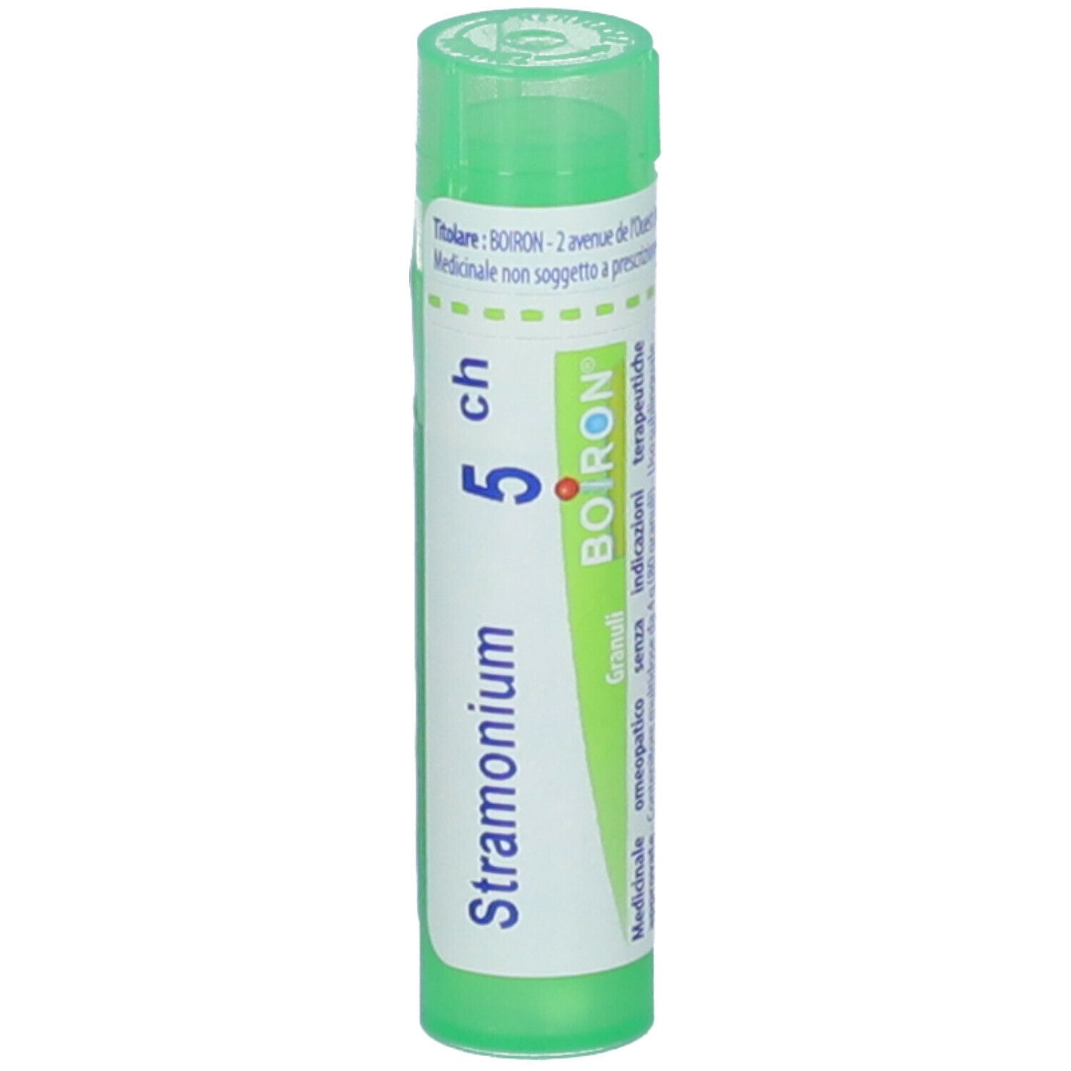 Confezione cilindrica verde. Scritta: Stramonium 5 ch, BOIRON. Etichetta con informazioni prodotto.