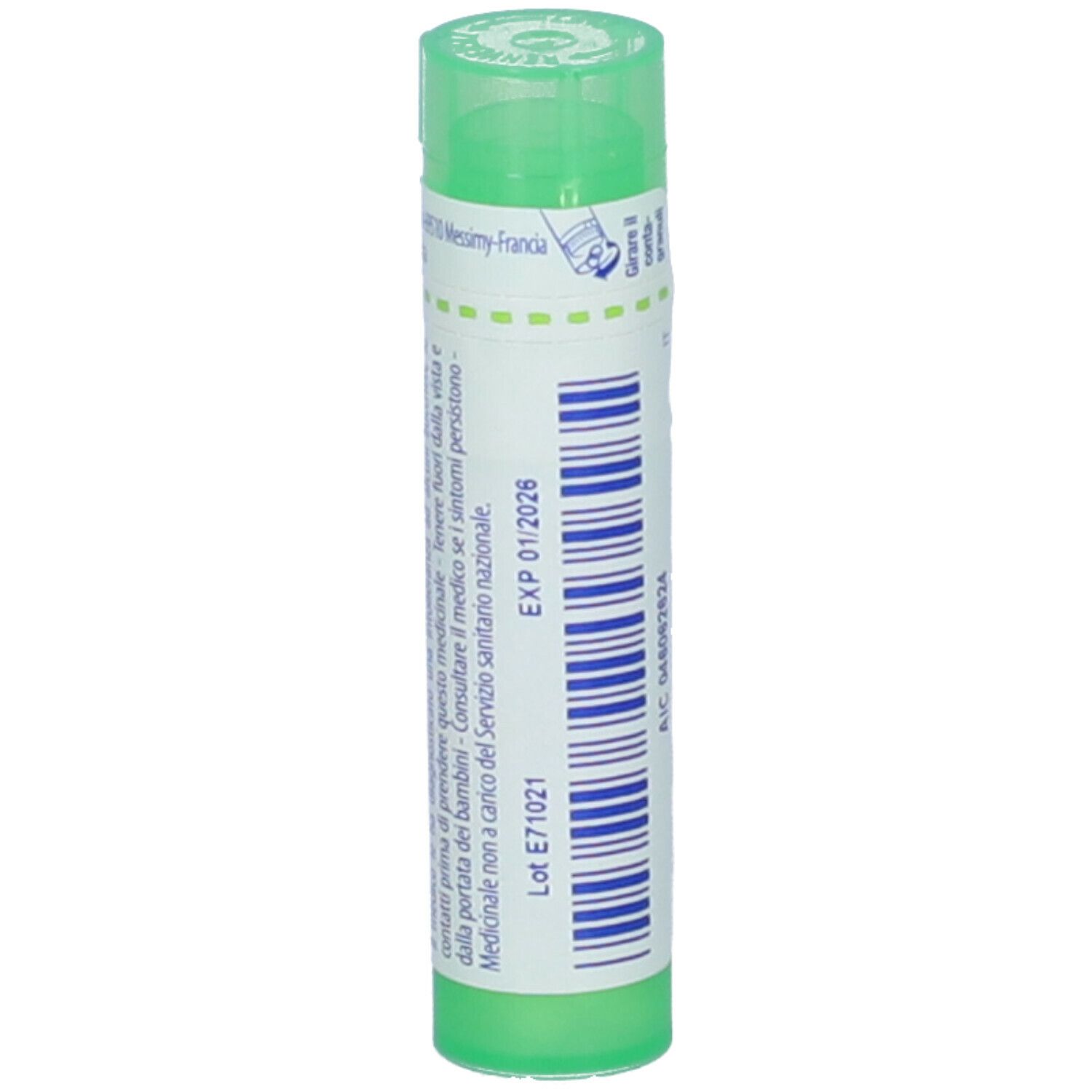 Confezione cilindrica verde. Scritta: Stramonium 5 ch. Etichetta con data di scadenza: EXP 01/2026.