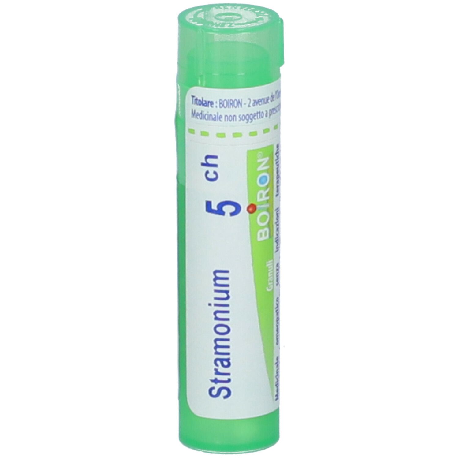 Confezione cilindrica verde. Scritta: Stramonium 5 ch, BOIRON. Punto rosso.