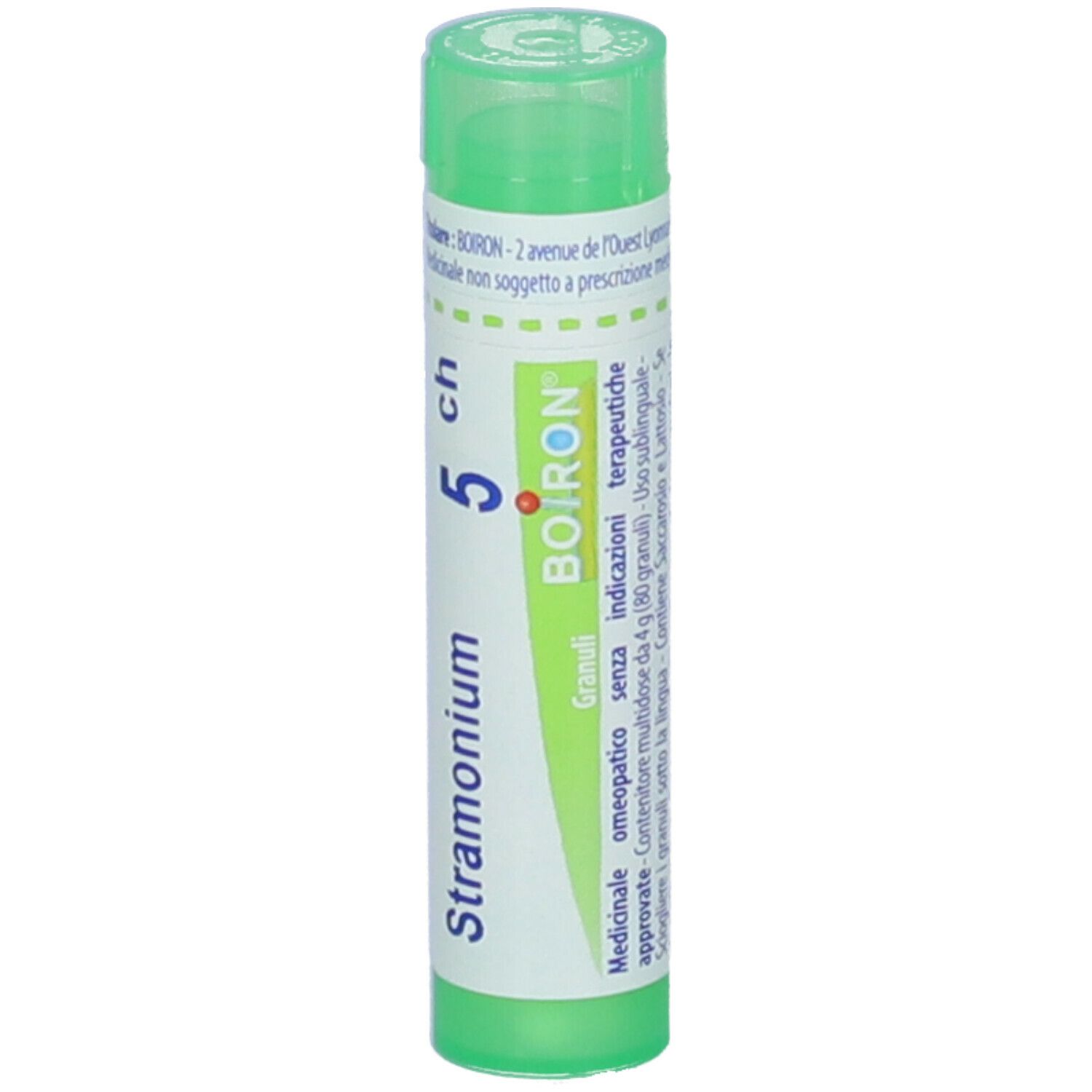 Confezione cilindrica verde. Scritta: Stramonium 5 ch, BOIRON. Informazioni sul prodotto.