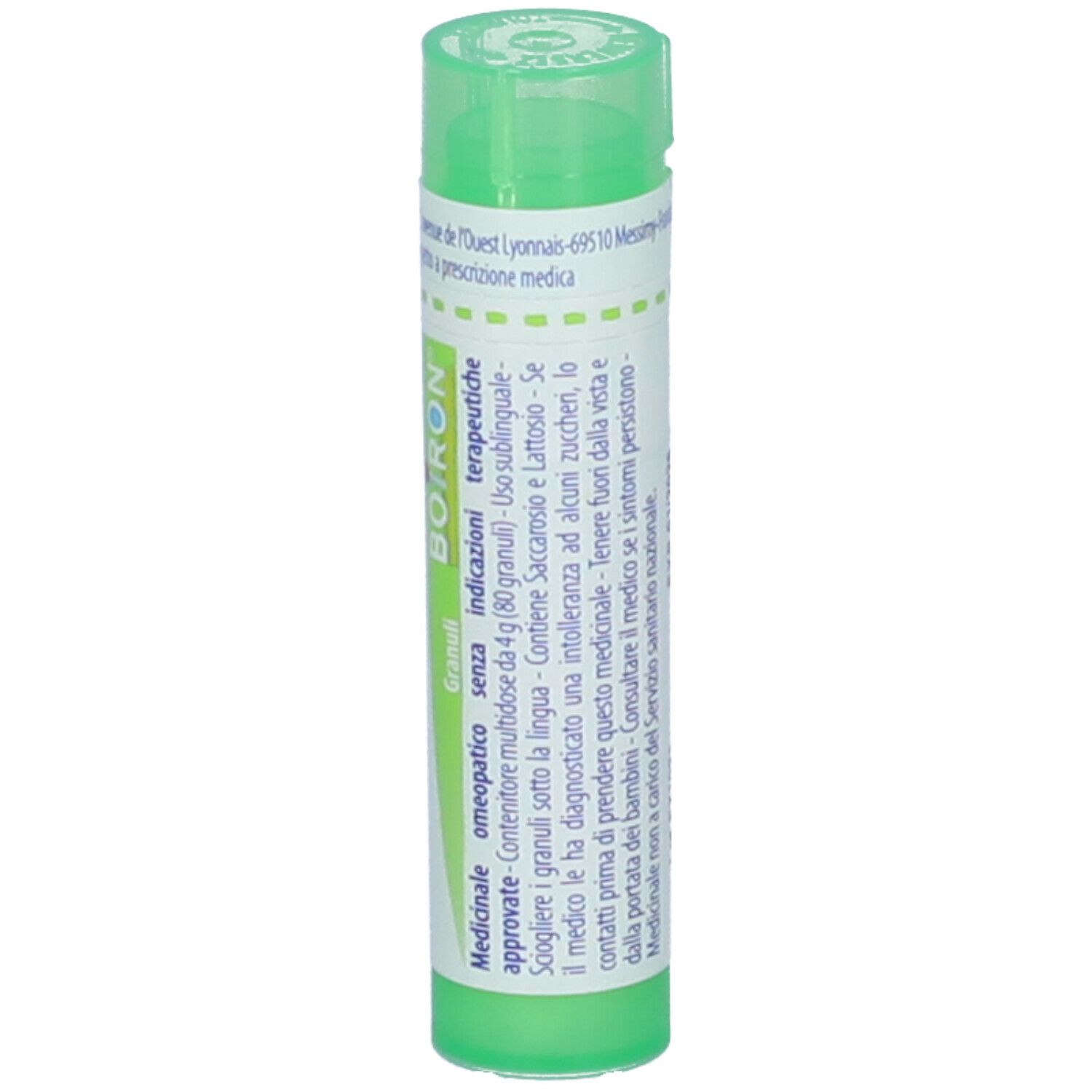 Confezione cilindrica verde. Scritta: Stramonium 5 ch, BOIRON. Informazioni, indicazioni mediche.