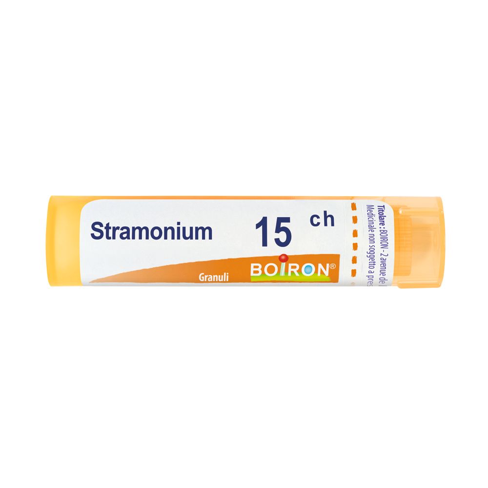 Confezione cilindrica gialla con etichetta bianca. Scritta: Stramonium 15 ch, Boiron. Granuli.