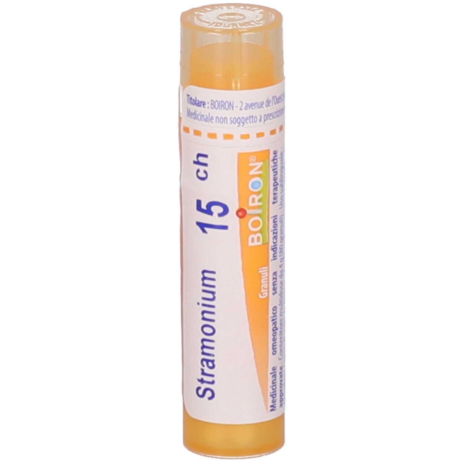 Confezione cilindrica gialla con etichetta bianca. Scritta: Stramonium 15 ch, Boiron. Granuli.