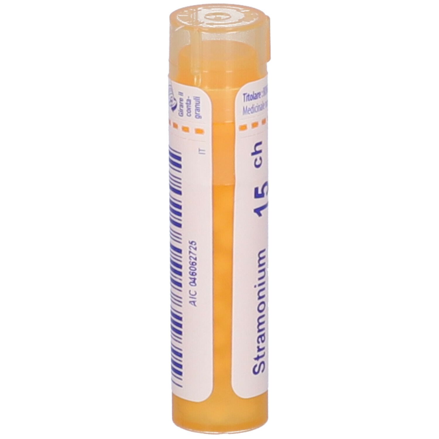Confezione cilindrica gialla con etichetta bianca. Scritta: Stramonium 15 ch, Boiron. Granuli.
