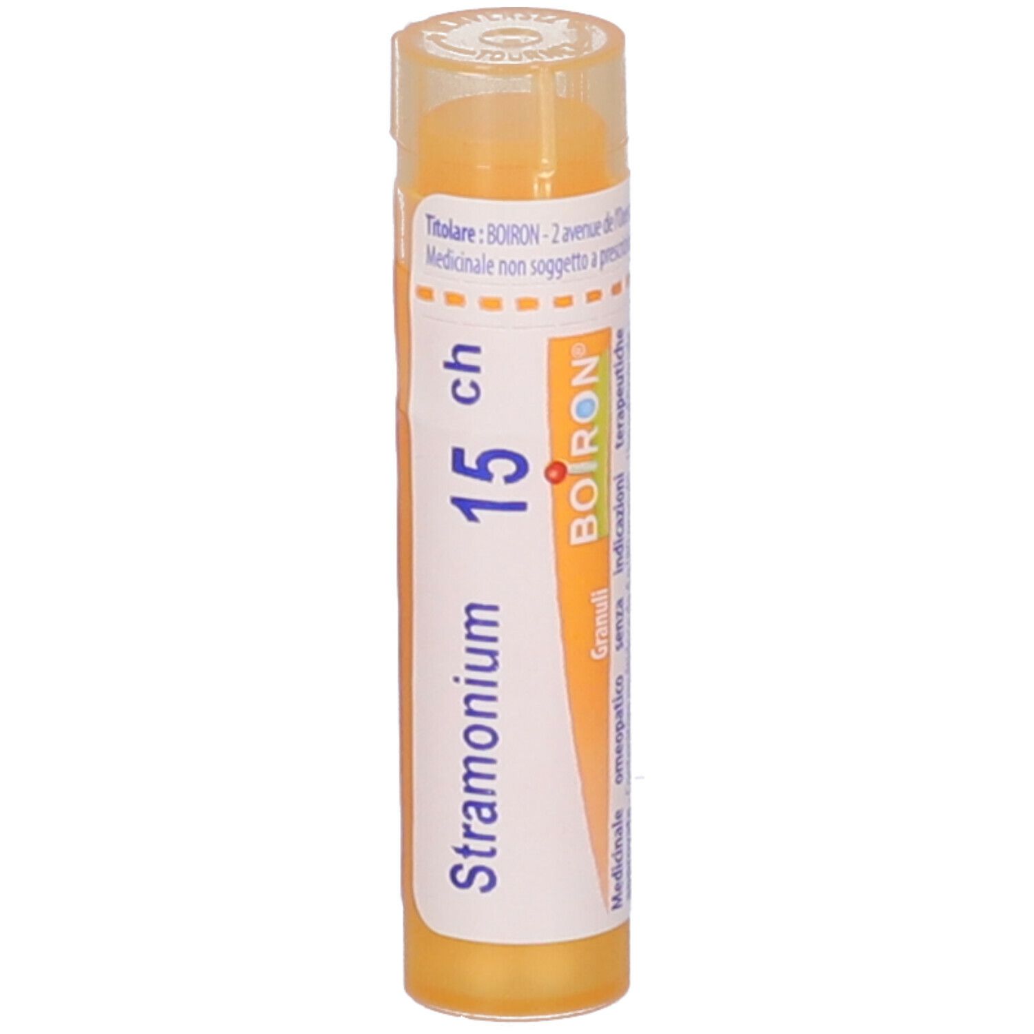 Confezione cilindrica gialla con etichetta bianca. Scritta: Stramonium 15 ch, Boiron. Granuli.