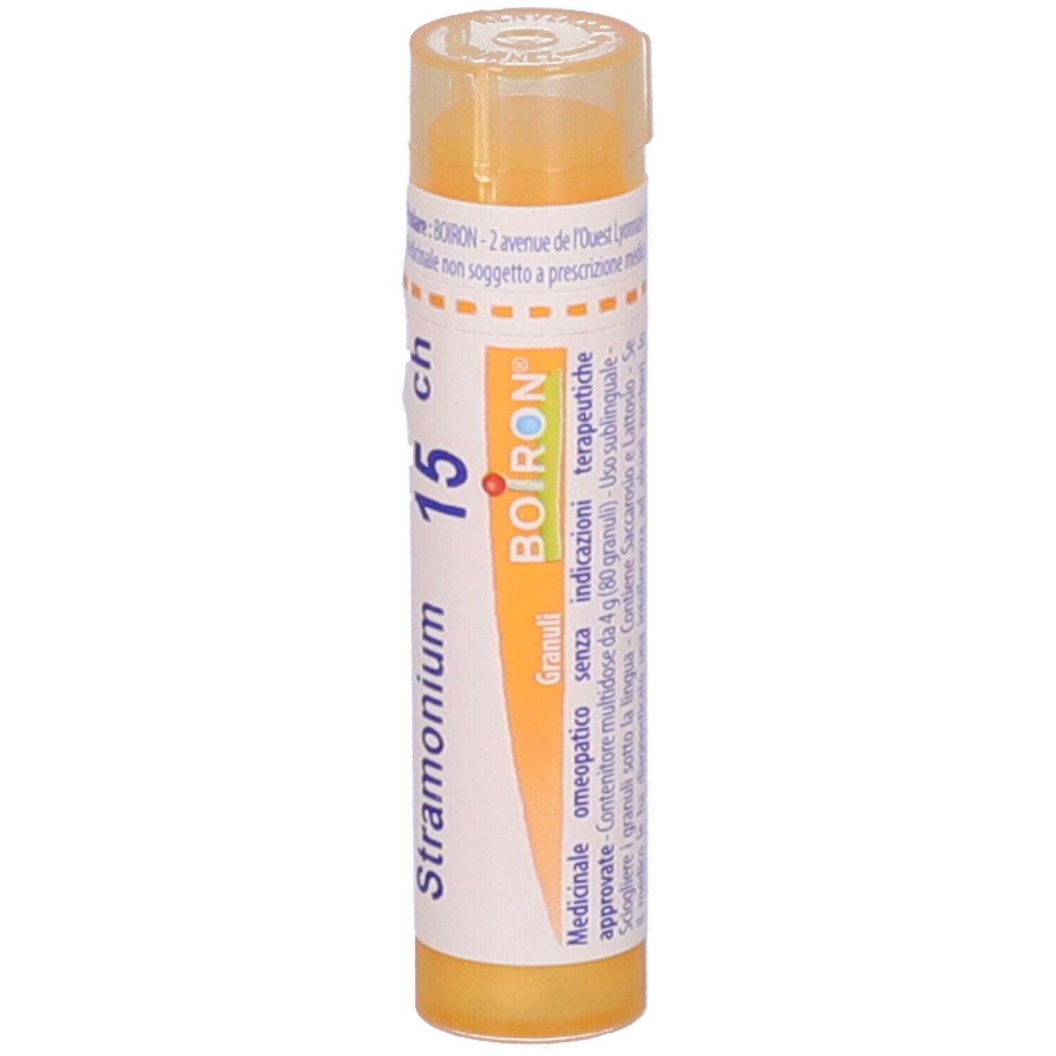 Confezione cilindrica gialla con etichetta bianca. Scritta: Stramonium 15 ch, Boiron. Granuli.